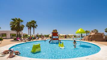 Indoor pool, outdoor pool, pool umbrellas, sun loungers