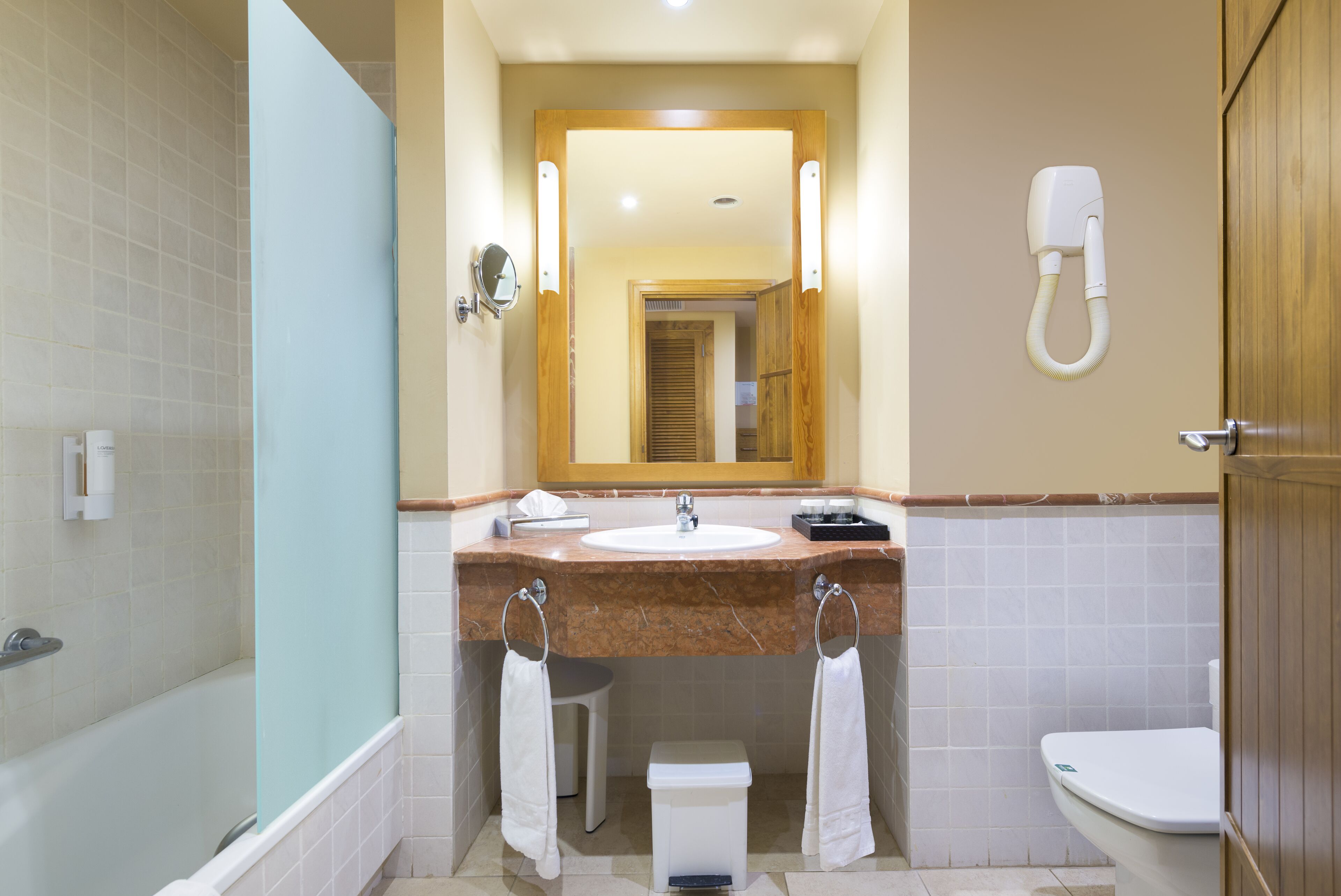 combined shower/bathtub, free toiletries, hair dryer, towels