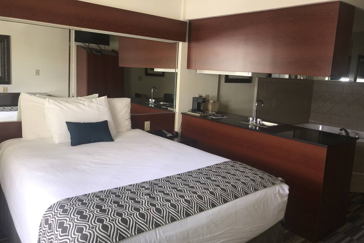 Una camera d'albergo con un letto grande, una scrivania, uno specchio e un angolo cottura.