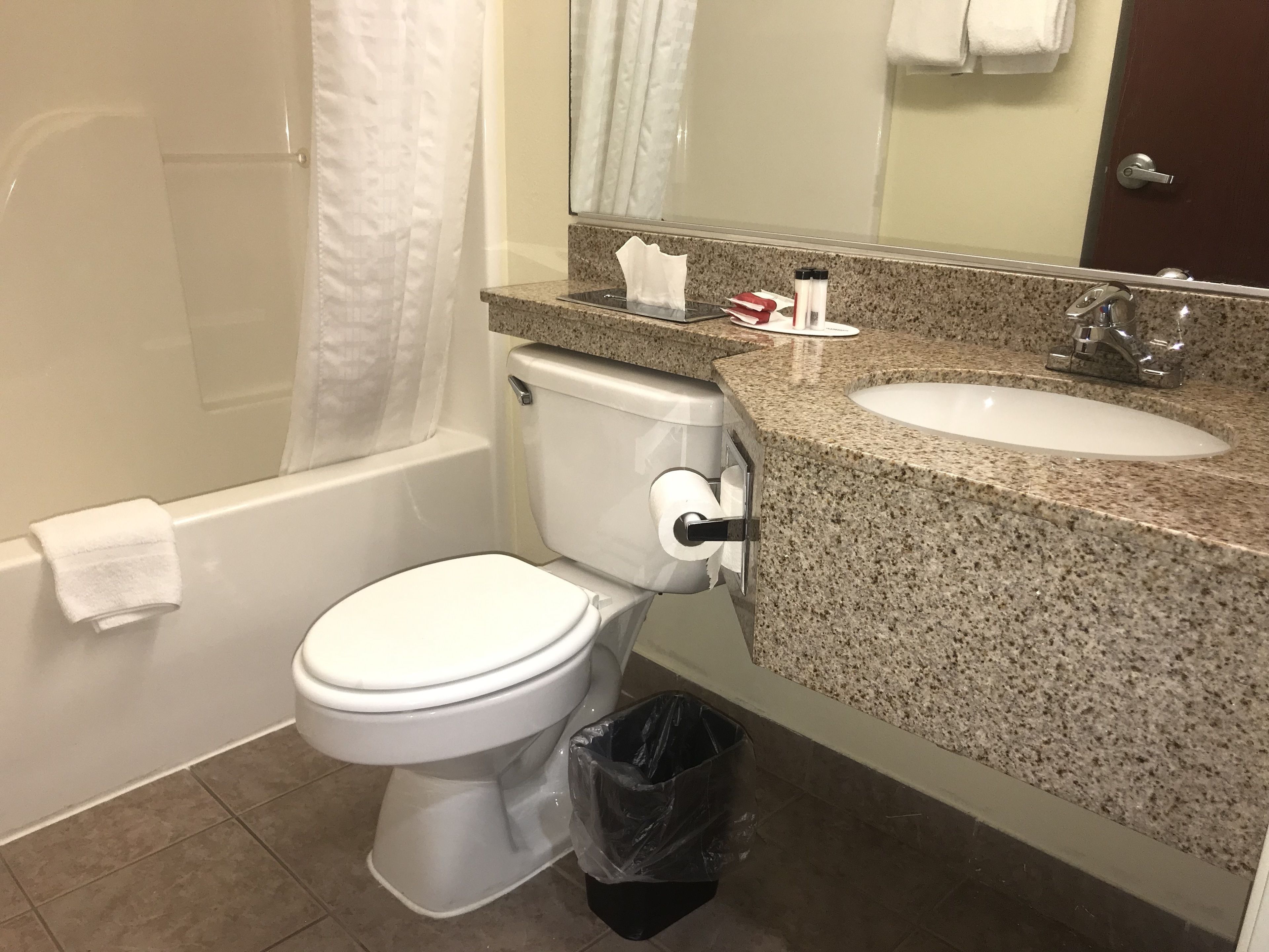 combined shower/bathtub, free toiletries, hair dryer, towels