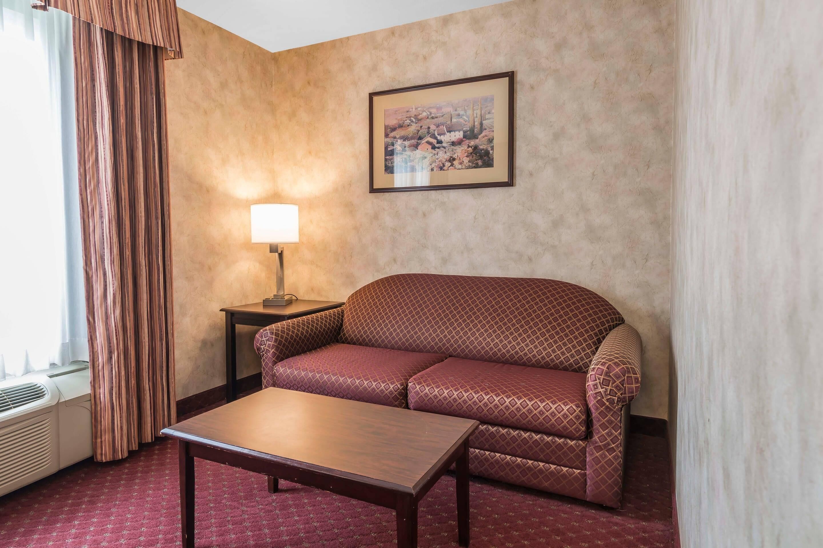 Une chambre d’hôtel avec un canapé, une table basse en bois, une lampe et un tableau encadré au mur.