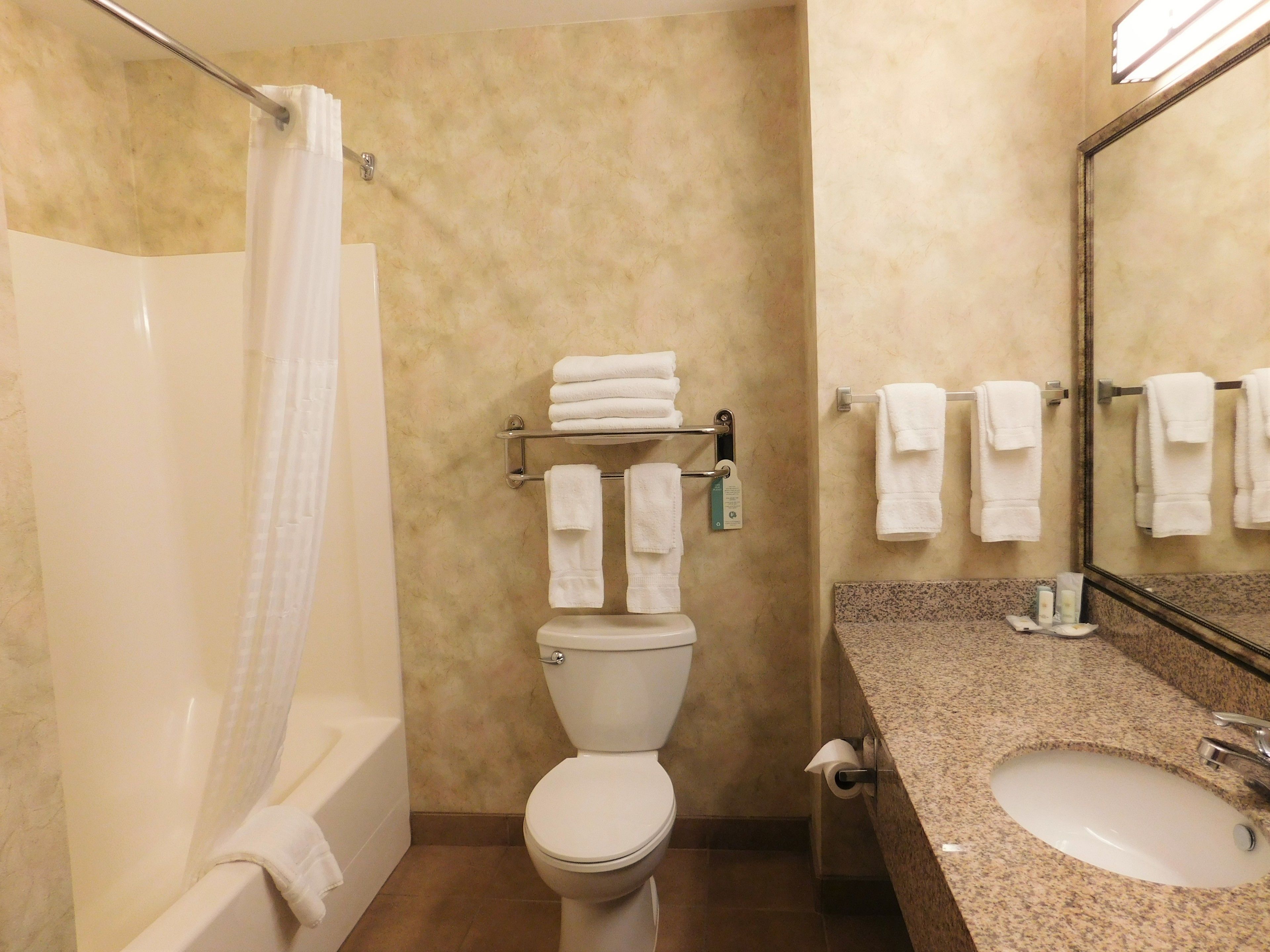 combined shower/bathtub, free toiletries, hair dryer, towels