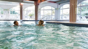 Indoor pool, open 8:30 AM to 7:30 PM, pool loungers