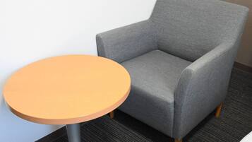 Desk, laptop workspace, blackout drapes, soundproofing