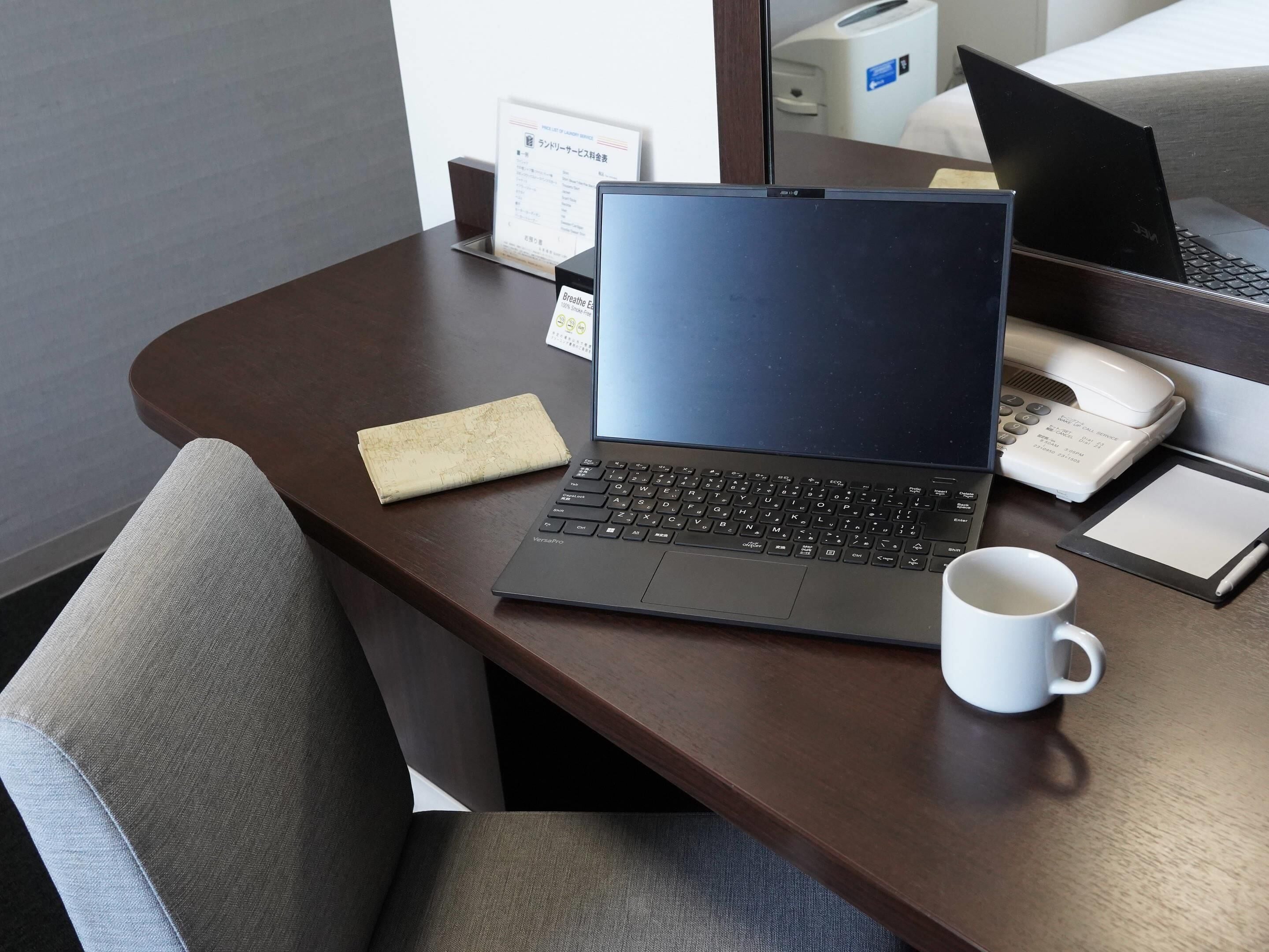 desk, laptop workspace, blackout curtains, soundproofing