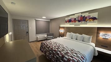Desk, laptop workspace, blackout curtains, free WiFi