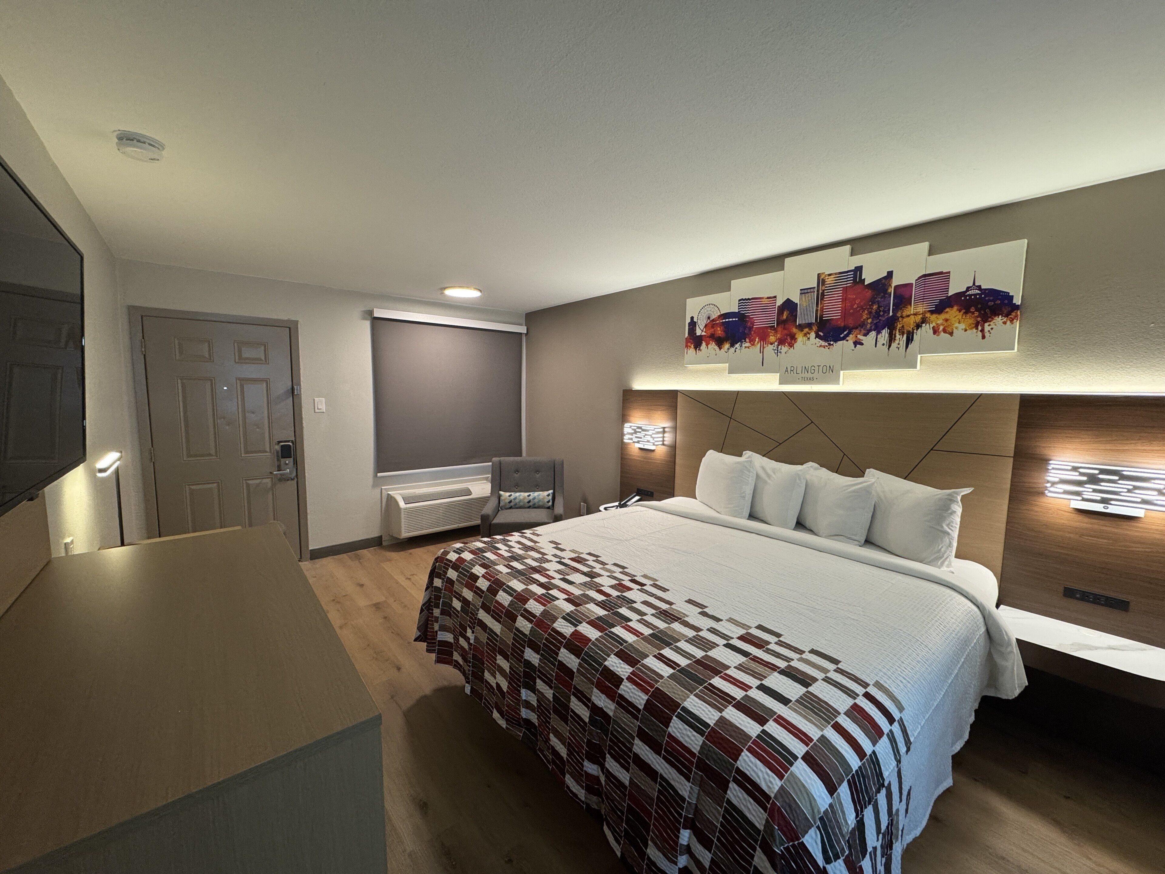 Desk, laptop workspace, blackout curtains, free WiFi