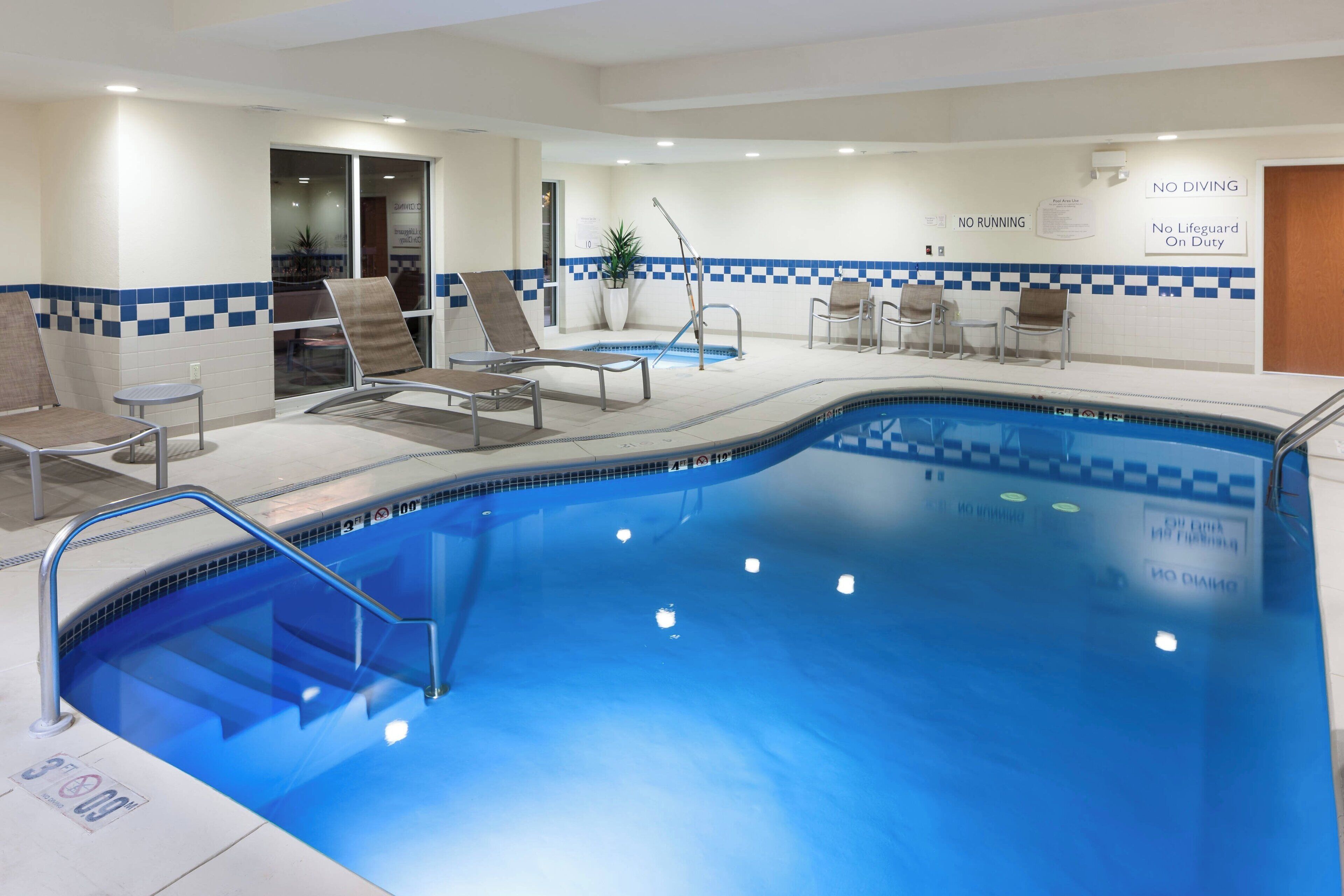 indoor pool, open 6 am to 10 pm, pool loungers