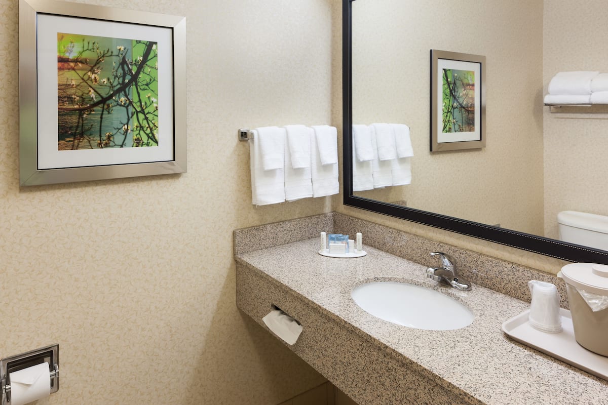 Combined shower/tub, free toiletries, hair dryer, towels