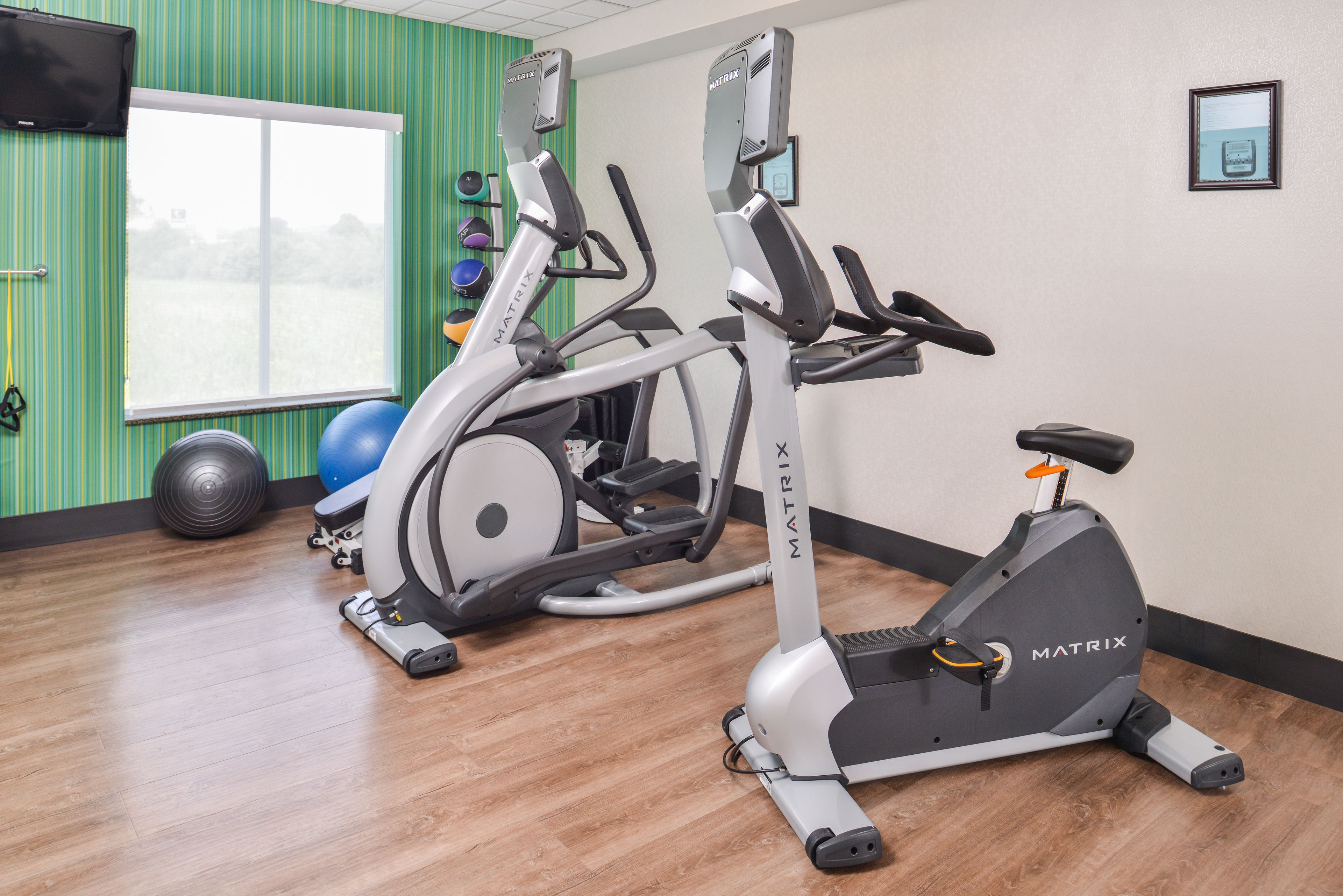 A gym with two stationary bikes, a wall-mounted TV, exercise balls, and a window with a view of greenery.