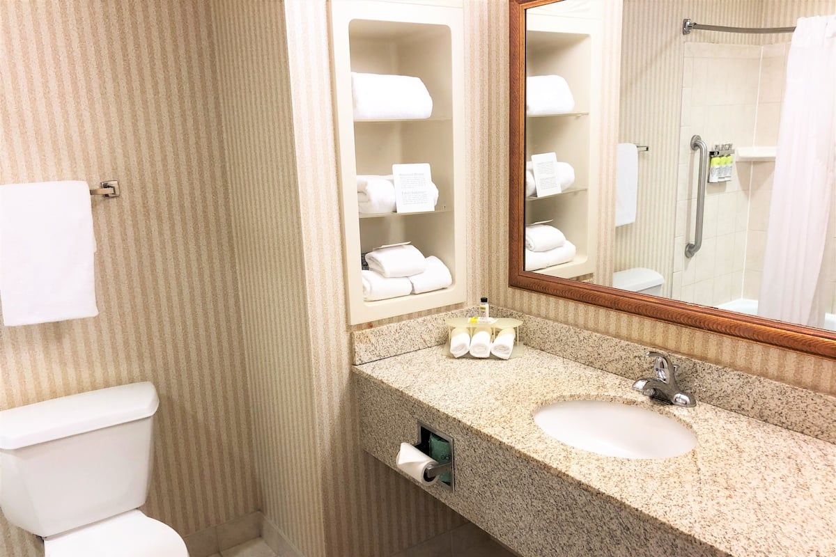 A bathroom with a toilet, sink, and a mirror reflecting a shower area.