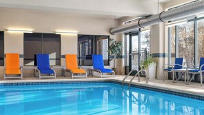 Une piscine avec des chaises longues bleues et oranges, de grandes fenêtres et une plante en pot.