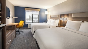 Une chambre d’hôtel avec deux lits, un bureau, une chaise, une fenêtre donnant sur un paysage agréable et un téléviseur fixé au mur.