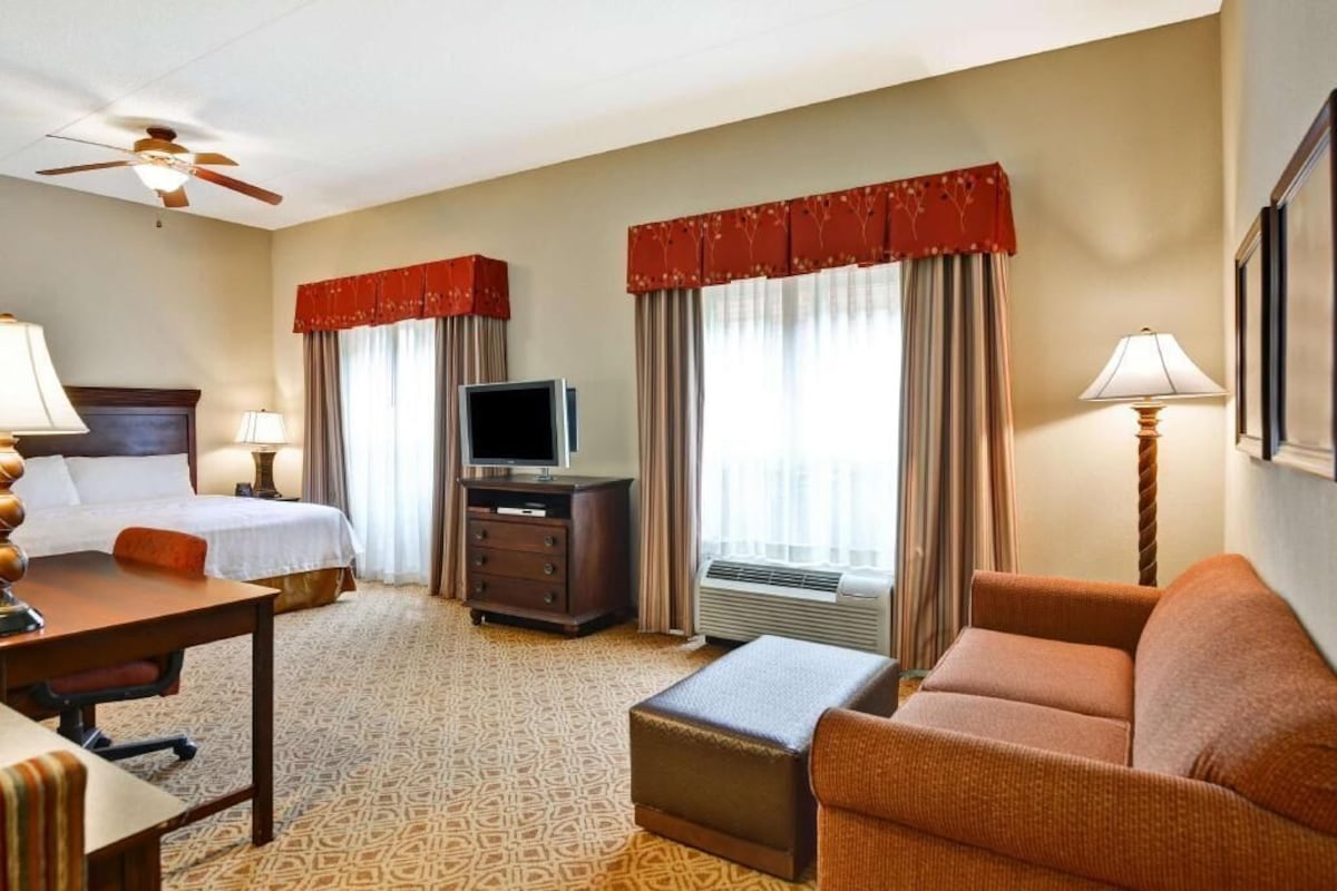 A hotel room with a bed, a desk, a television, a sofa, and two windows with curtains.