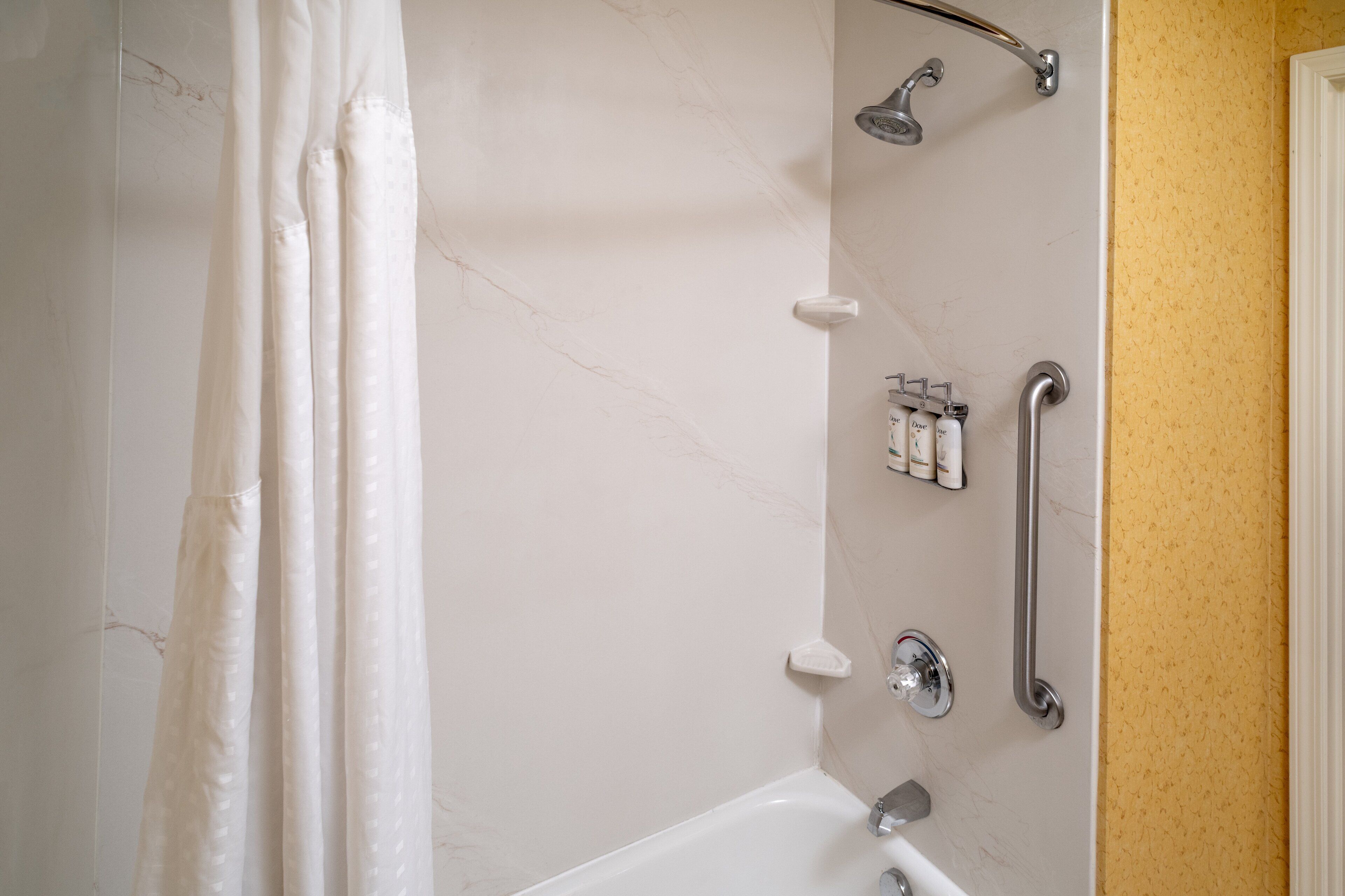 A bathroom with a shower, a handrail, and toiletries.