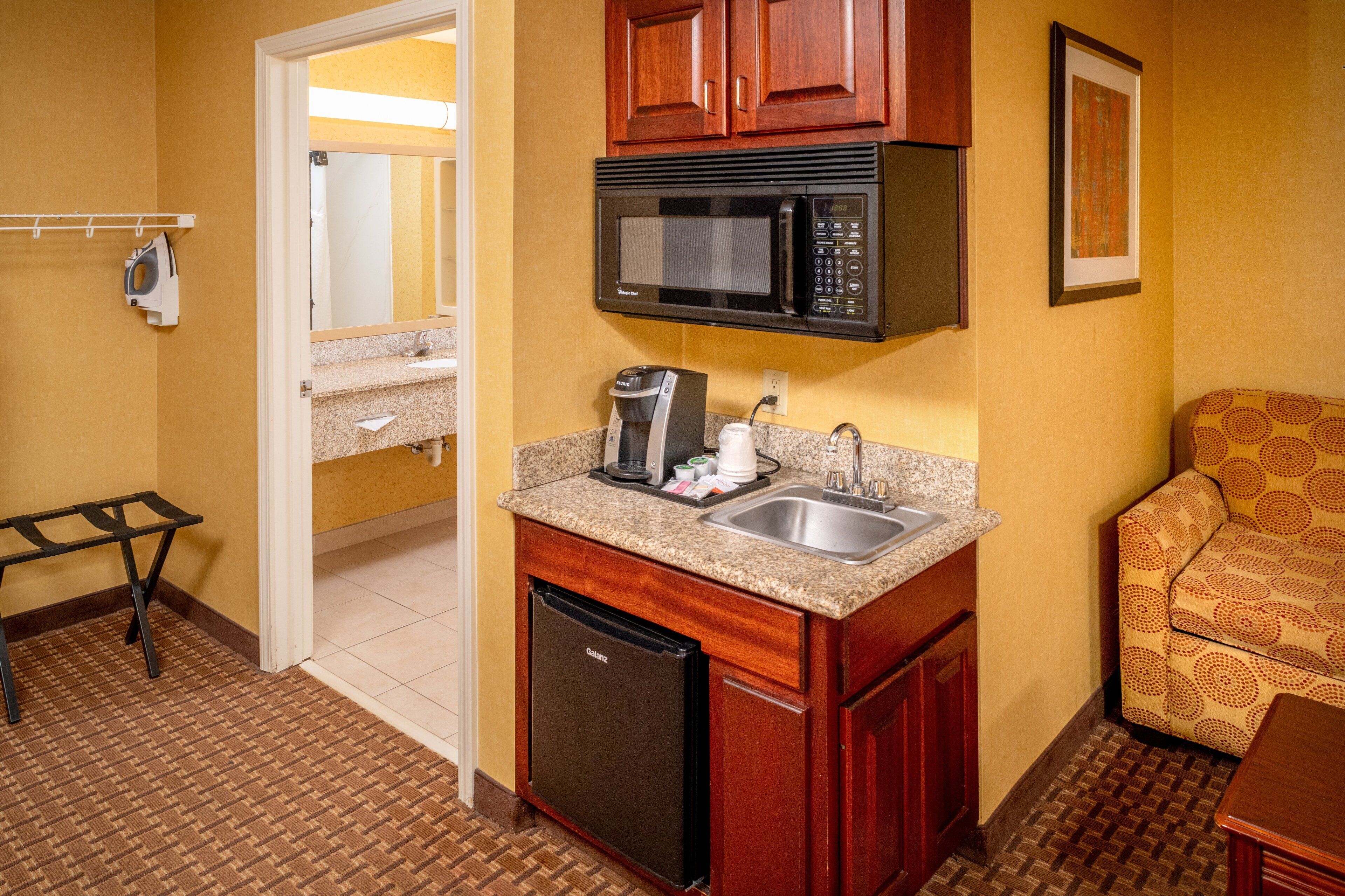 1 bedroom, desk, blackout curtains, iron/ironing board