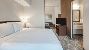 Une chambre d’hôtel avec un grand lit, une télévision, un bureau avec un ordinateur et une salle de bain équipée d’un lavabo et d’un miroir.