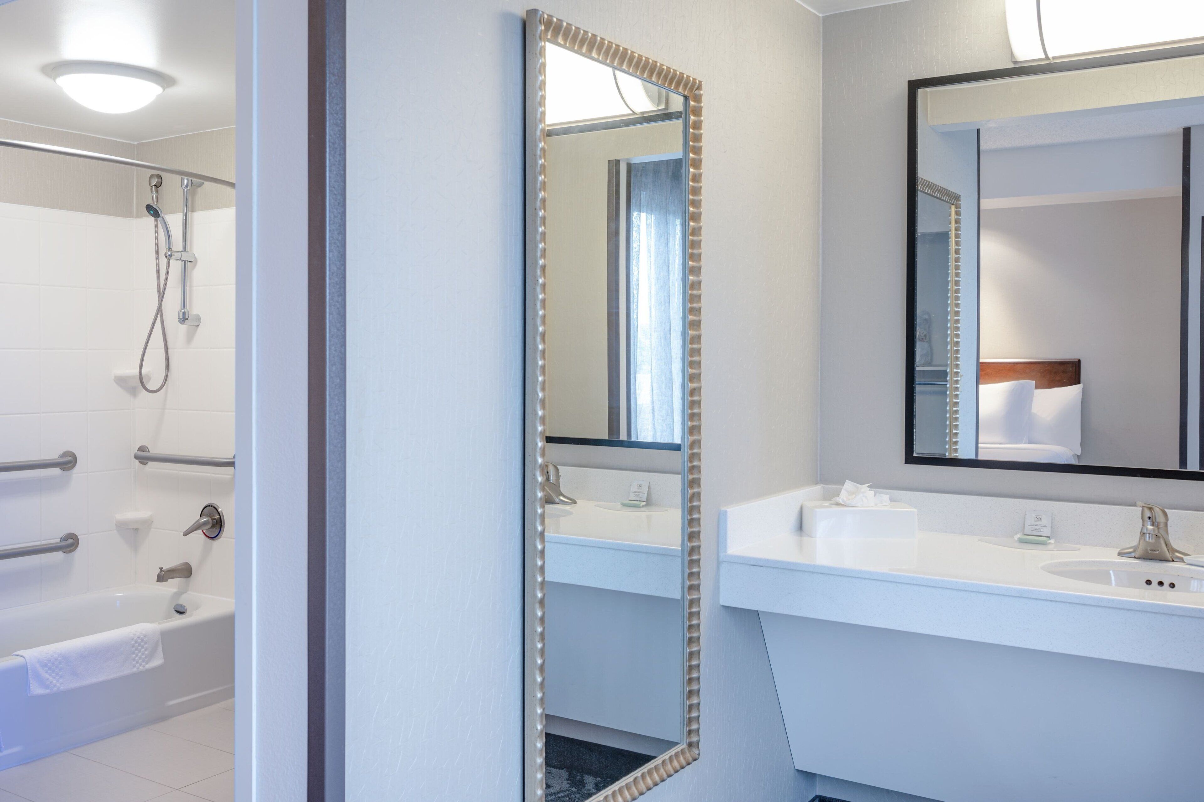 premium bedding, desk, blackout curtains, iron/ironing board