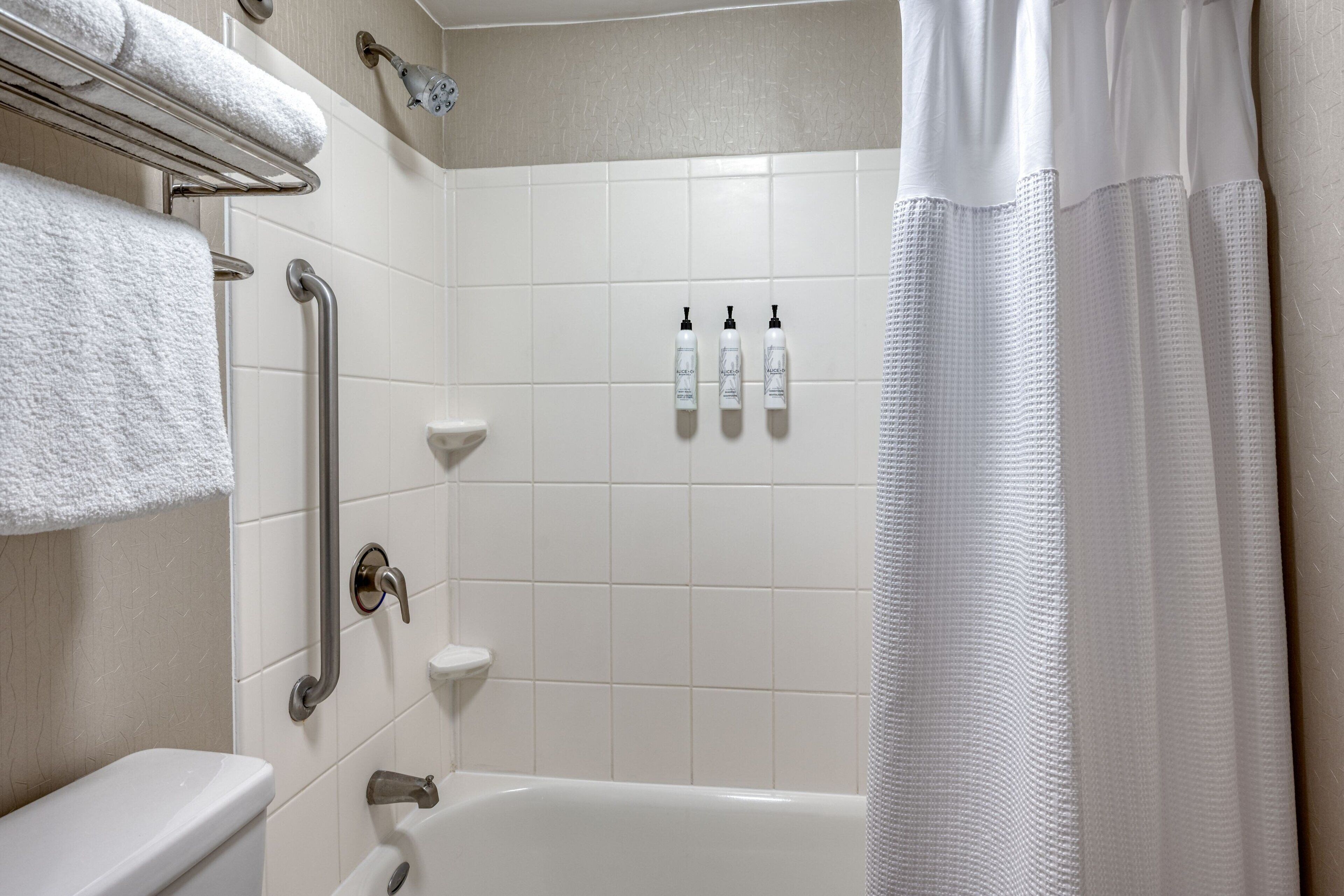combined shower/bathtub, free toiletries, hair dryer, towels