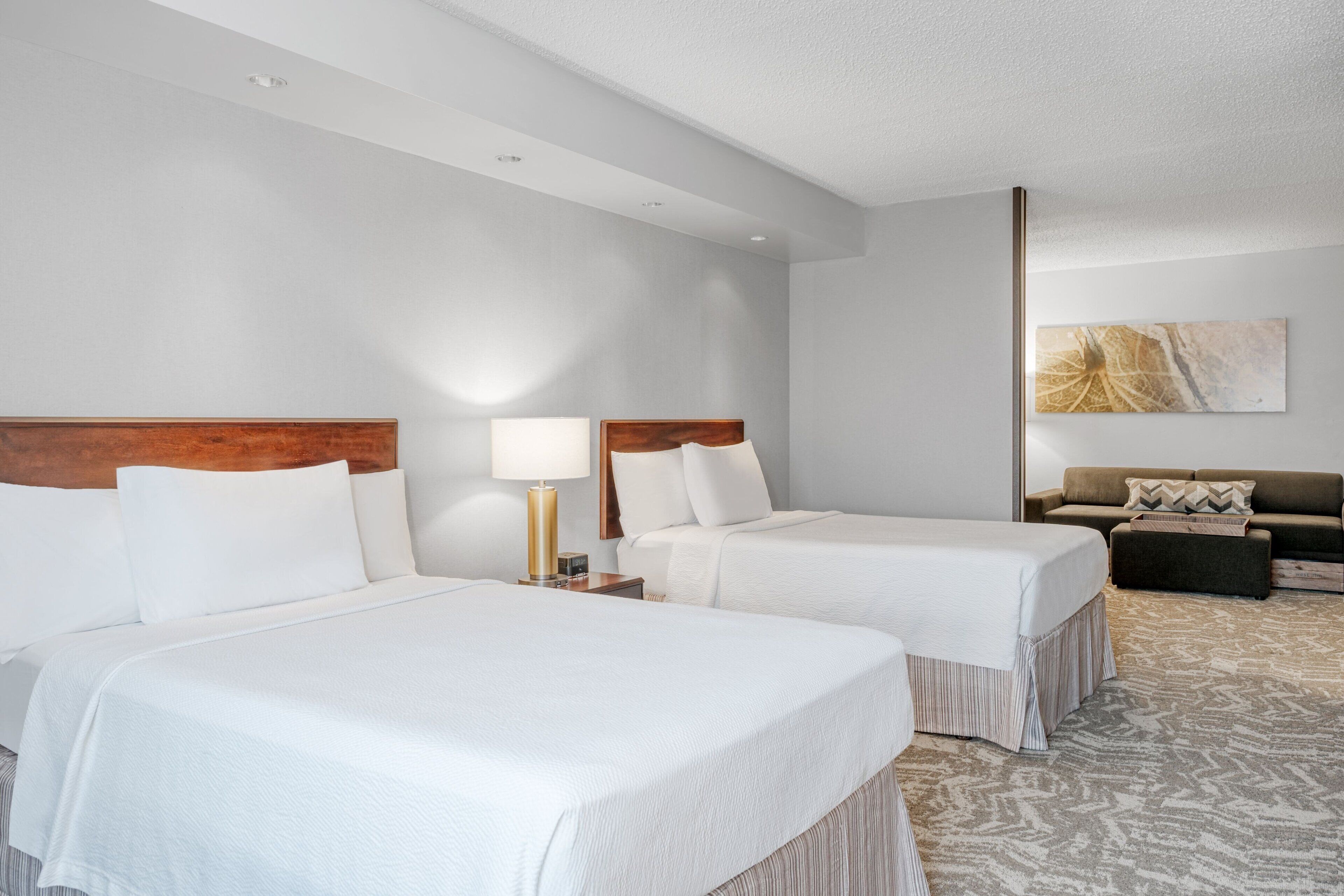 premium bedding, desk, blackout curtains, iron/ironing board