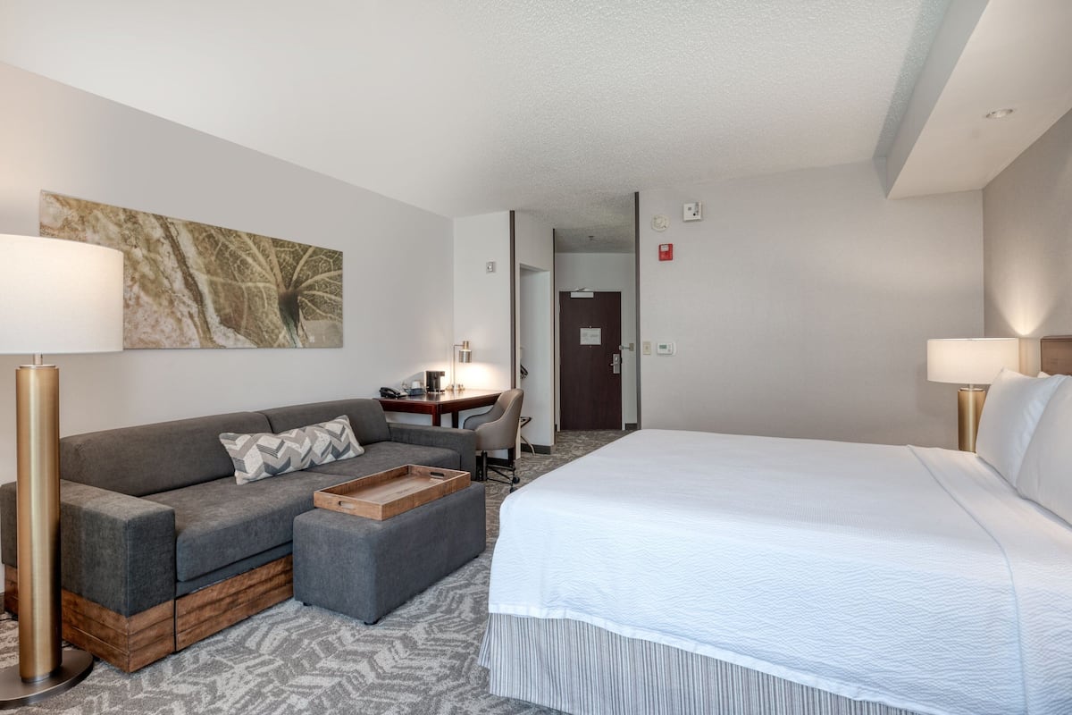 A hotel room with a bed, a sofa, a desk, and a chair.
