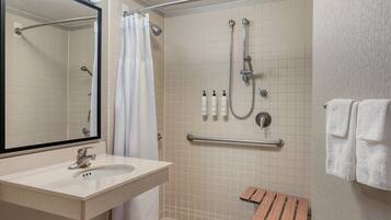 Combined shower/tub, free toiletries, hair dryer, towels