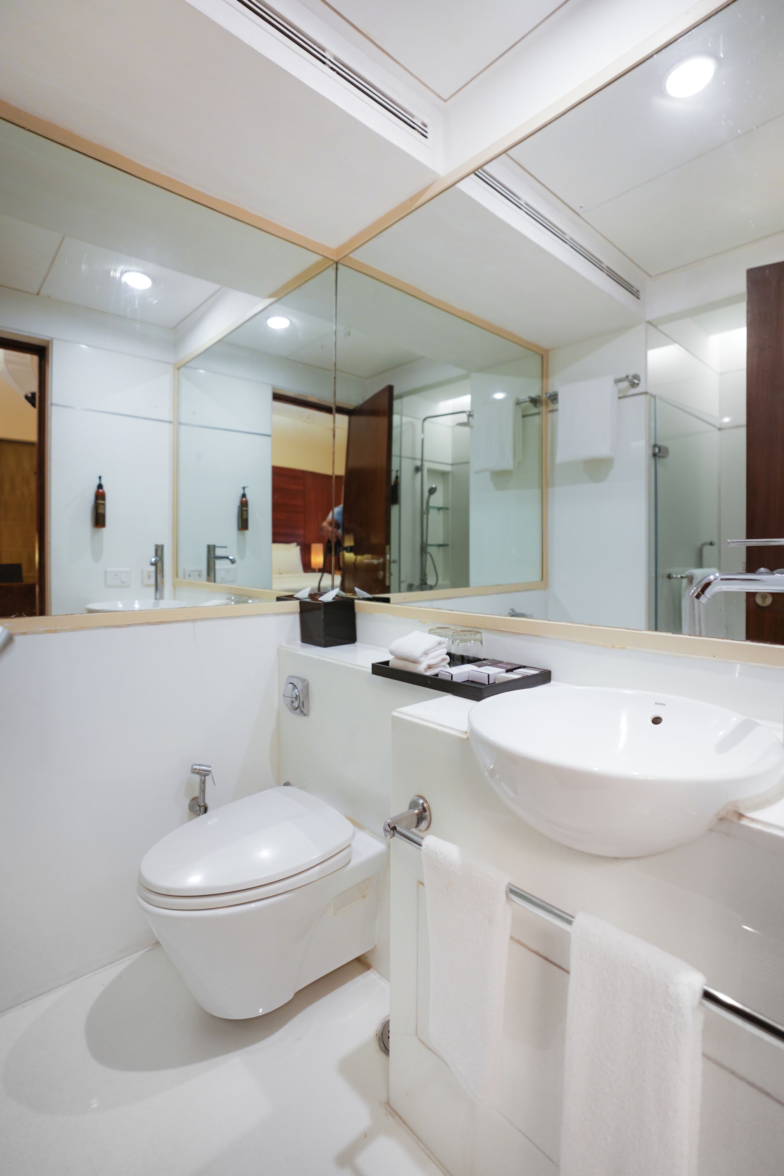 A modern bathroom with a toilet, sink, and mirror.