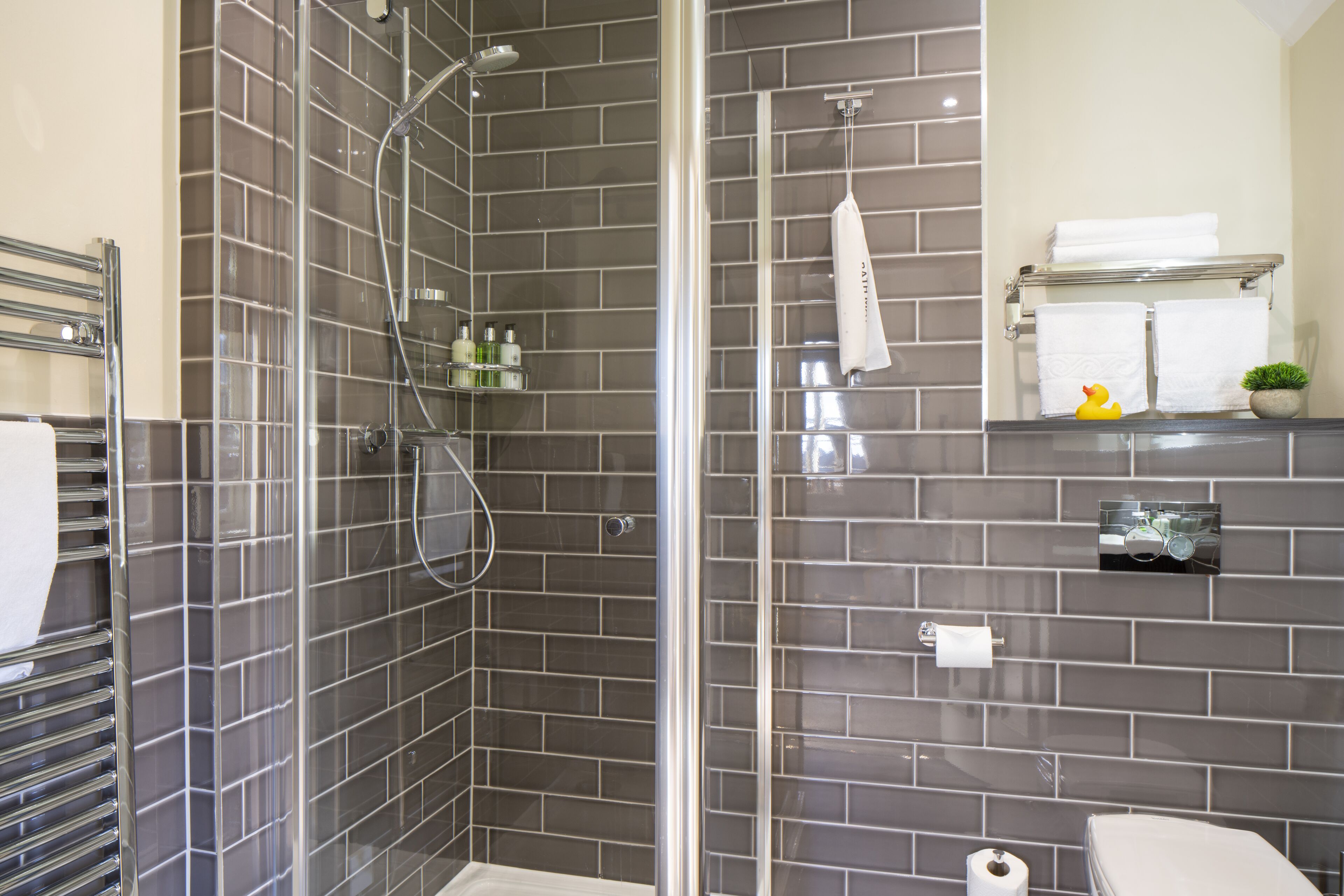 A modern bathroom with a shower, tiled walls, a toilet, a towel rack, and a small plant.