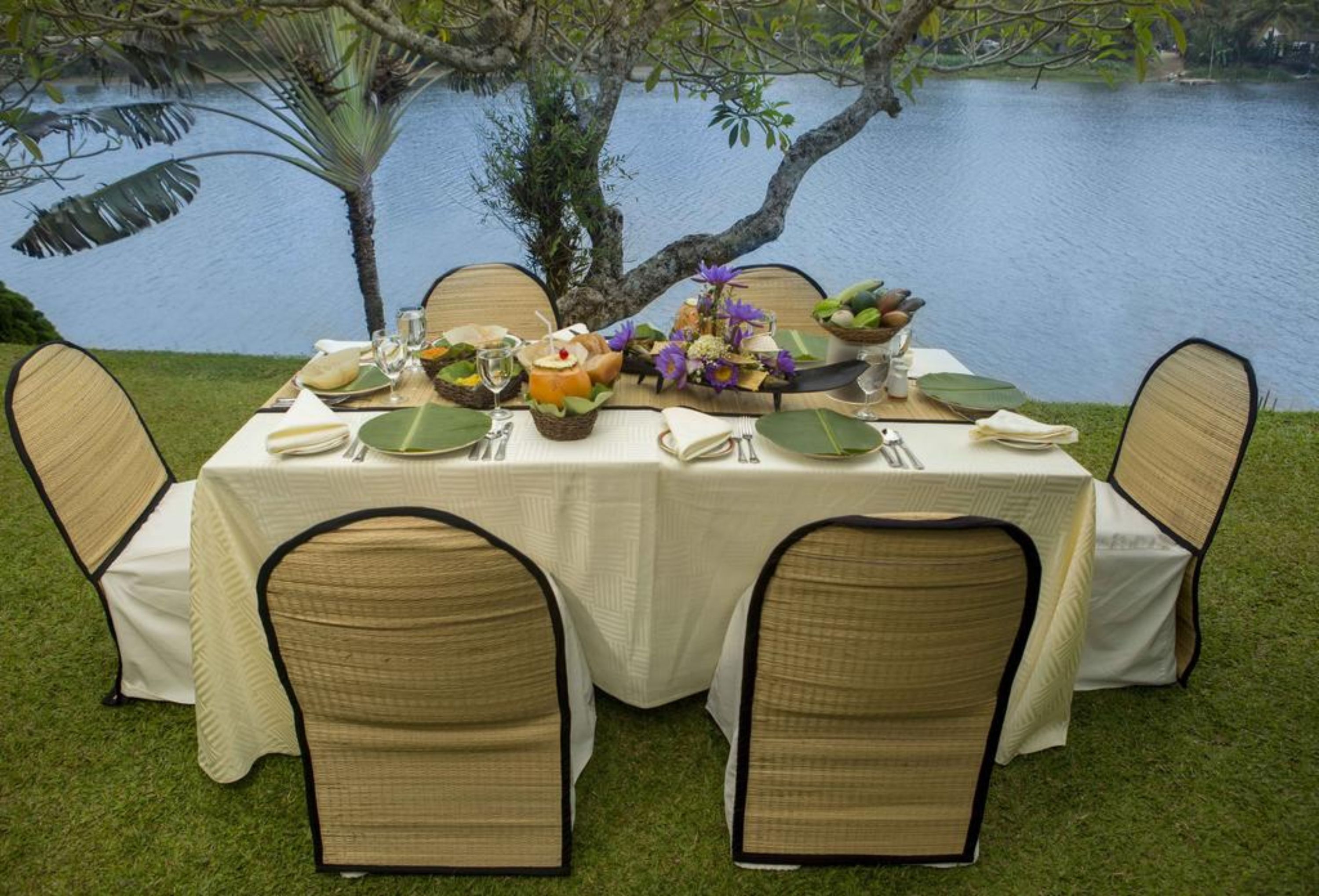Mesa para seis personas con vista a un lago, rodeada de sillas de textura natural.