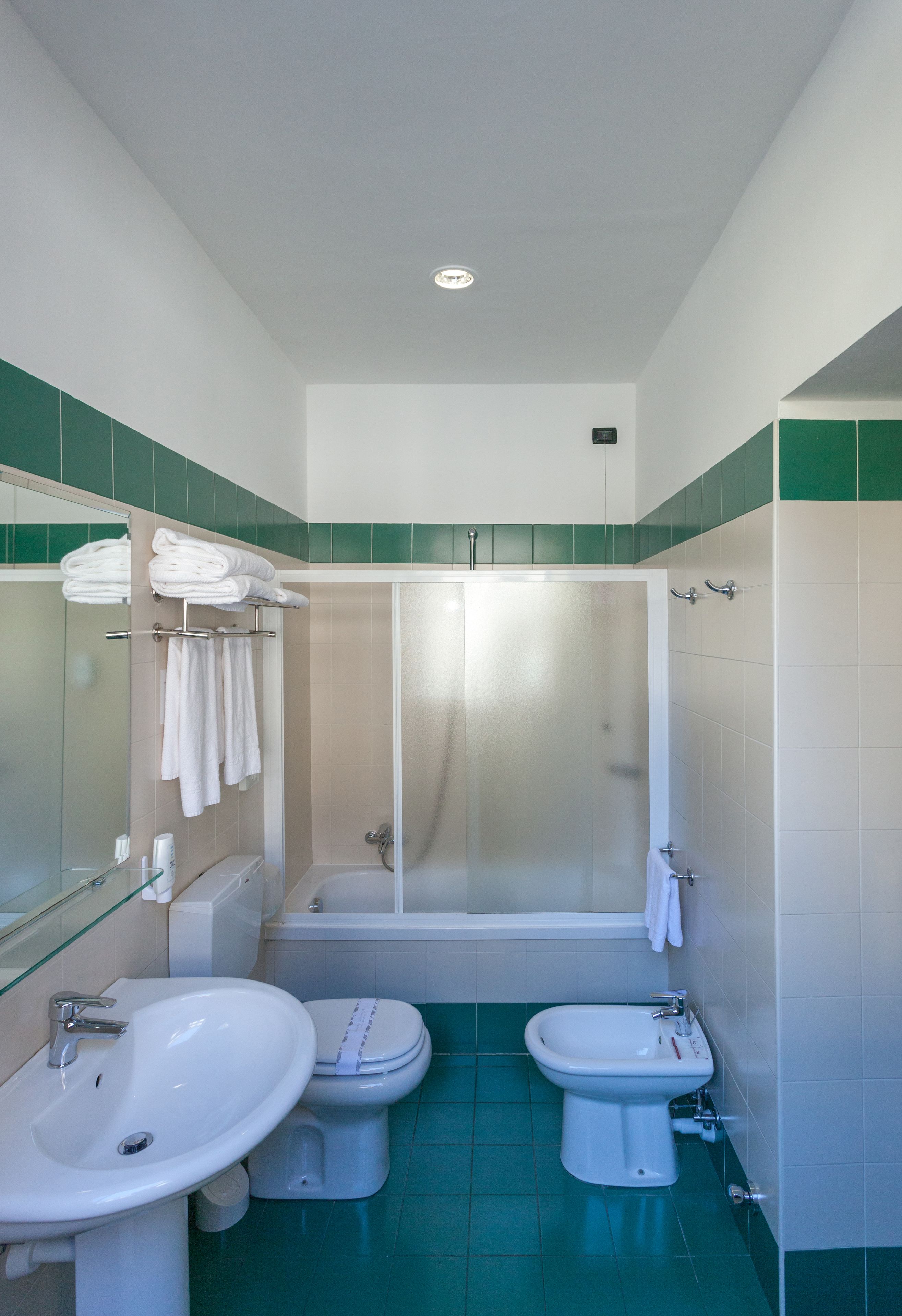 standard double room | bathroom | combined shower/bathtub, rainfall showerhead, hair dryer, towels