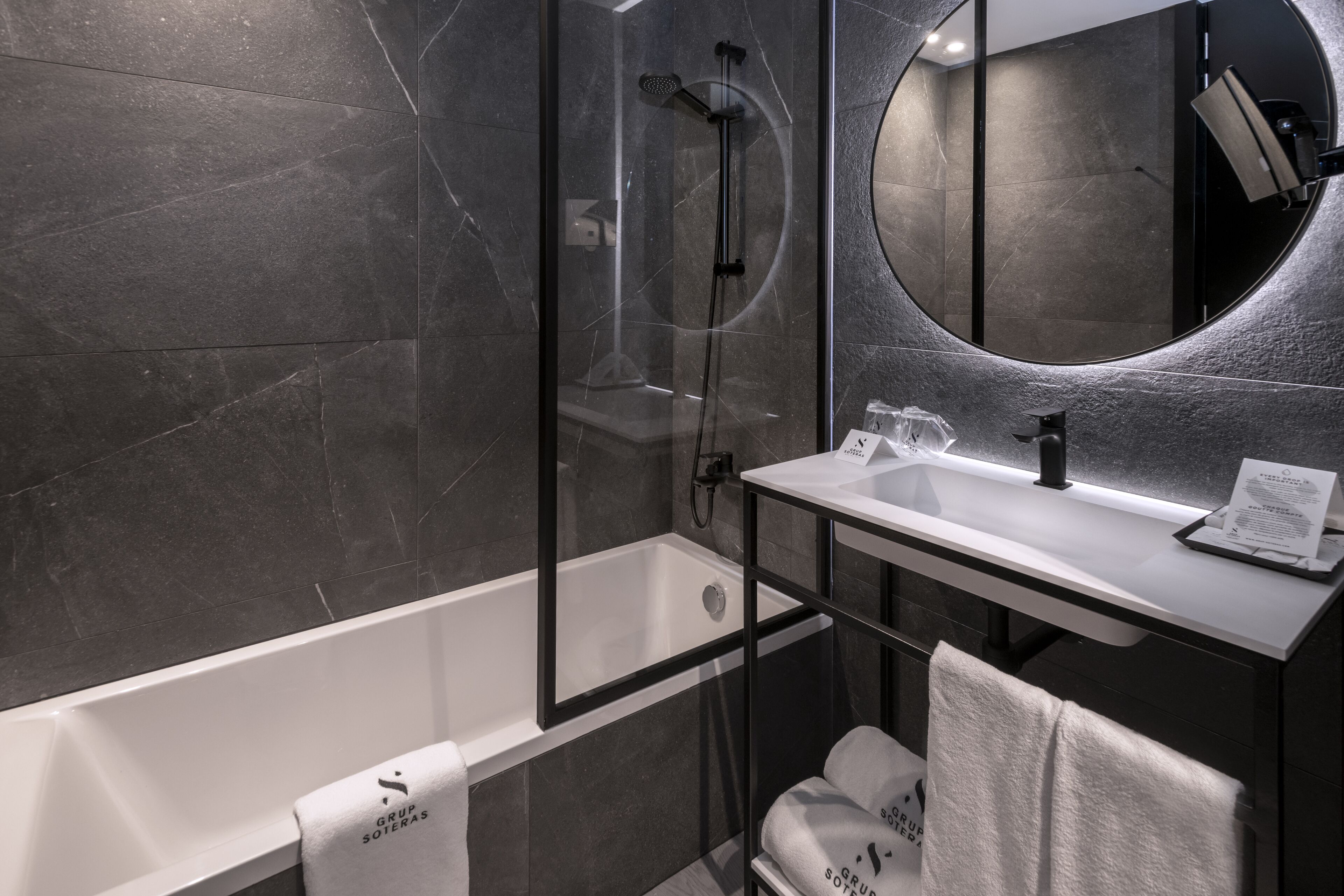 combined shower/bathtub, free toiletries, hair dryer, bathrobes