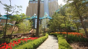 A pathway flanked by red and orange flowers, leading to a building with a distinctive blue roof and a tall central tower. - High1 Grand Hotel Main Tower (Jeongseon)