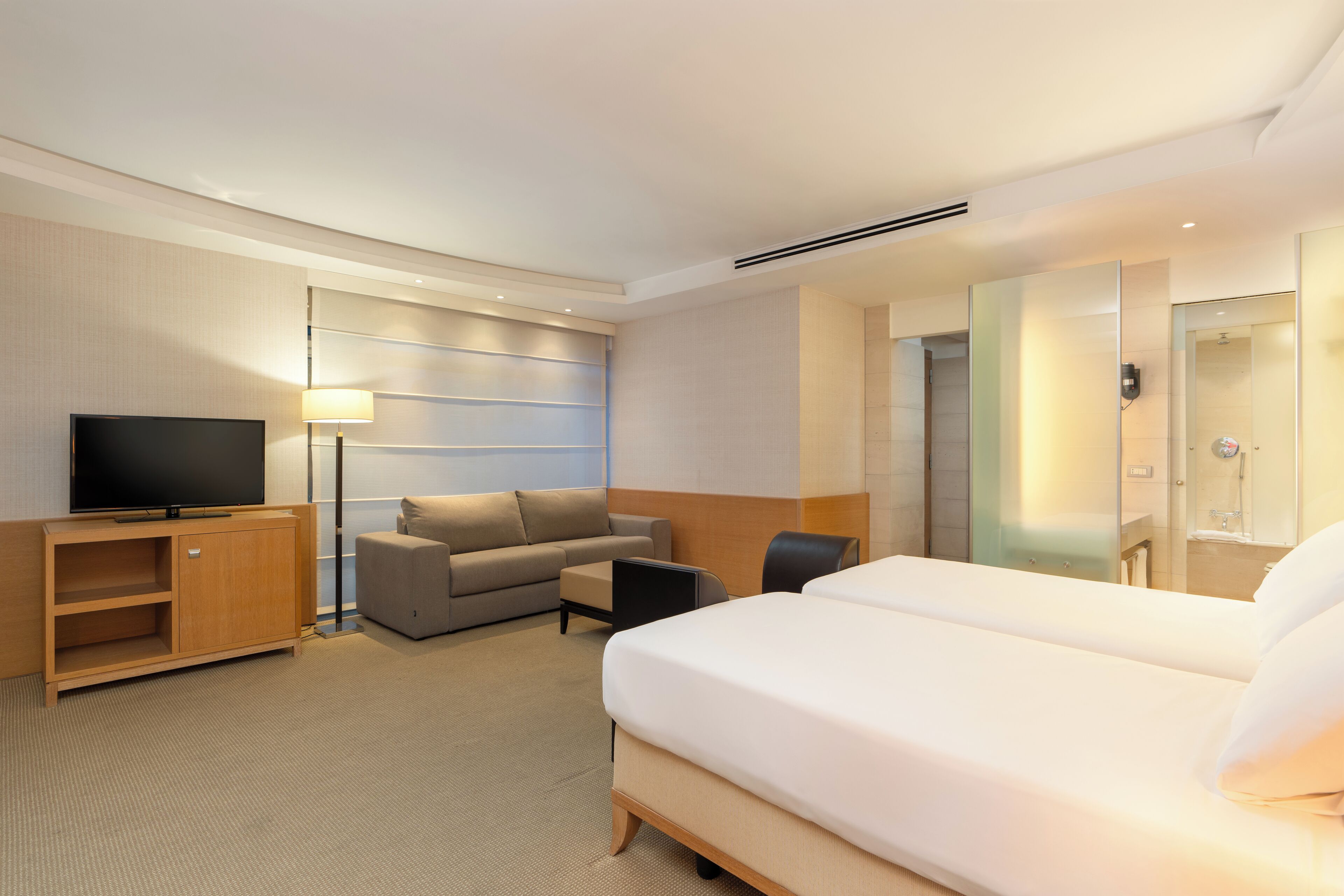 Een hotelkamer met een bed, een televisie, een bank, een bureau en een spiegel.