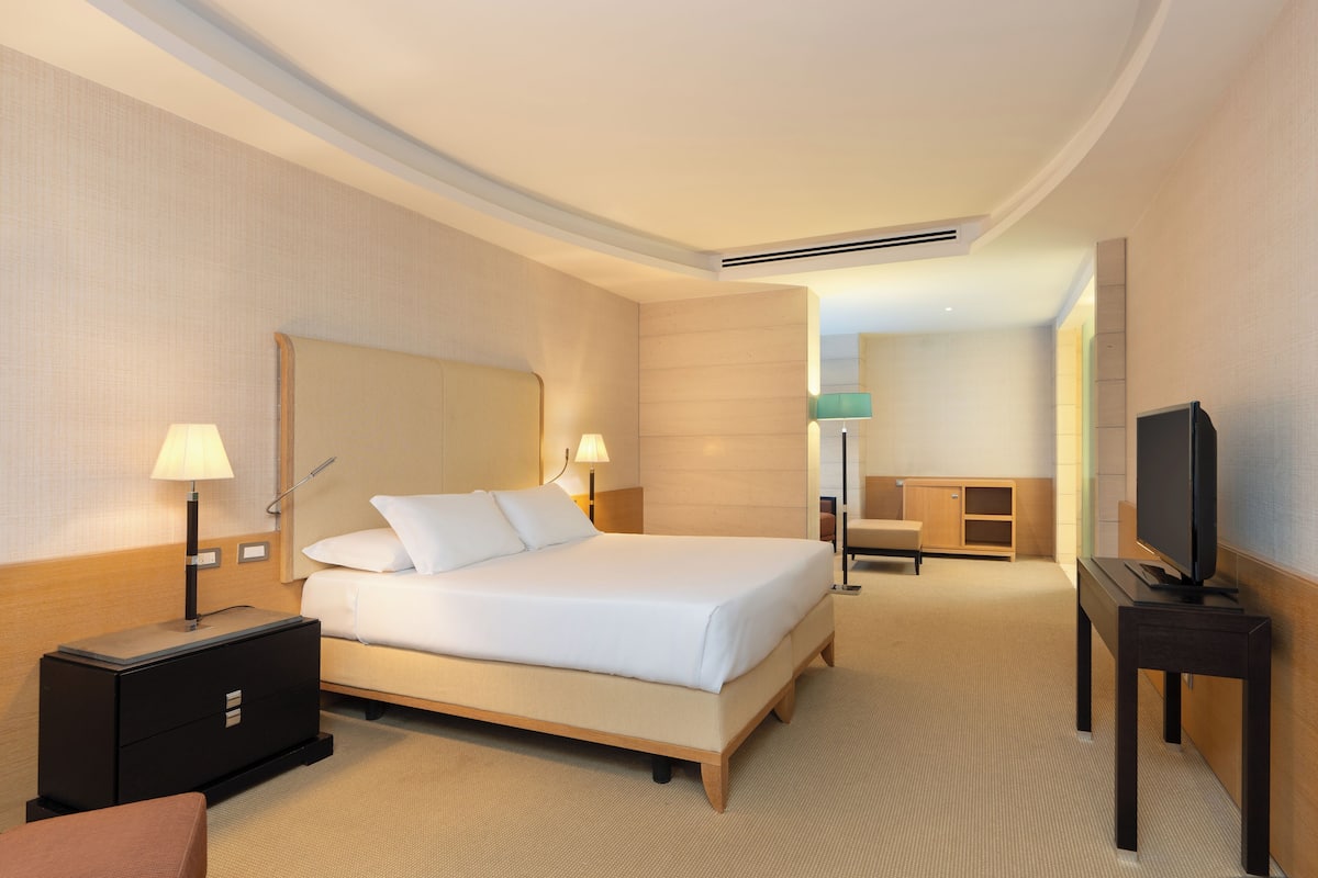A hotel room with a large bed, bedside lamps, a TV, a desk, and a wardrobe.