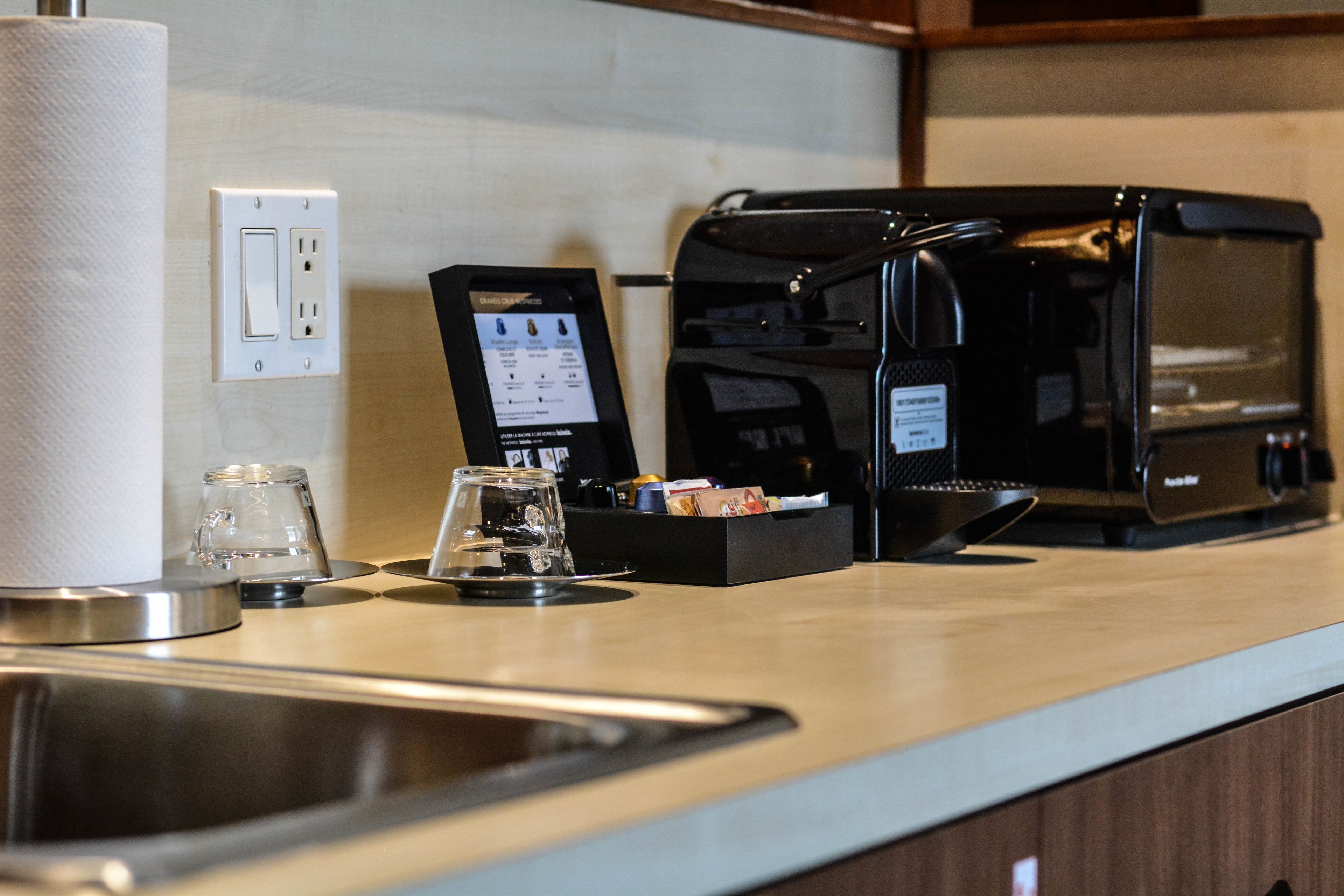 mini-fridge, microwave, espresso maker, electric kettle