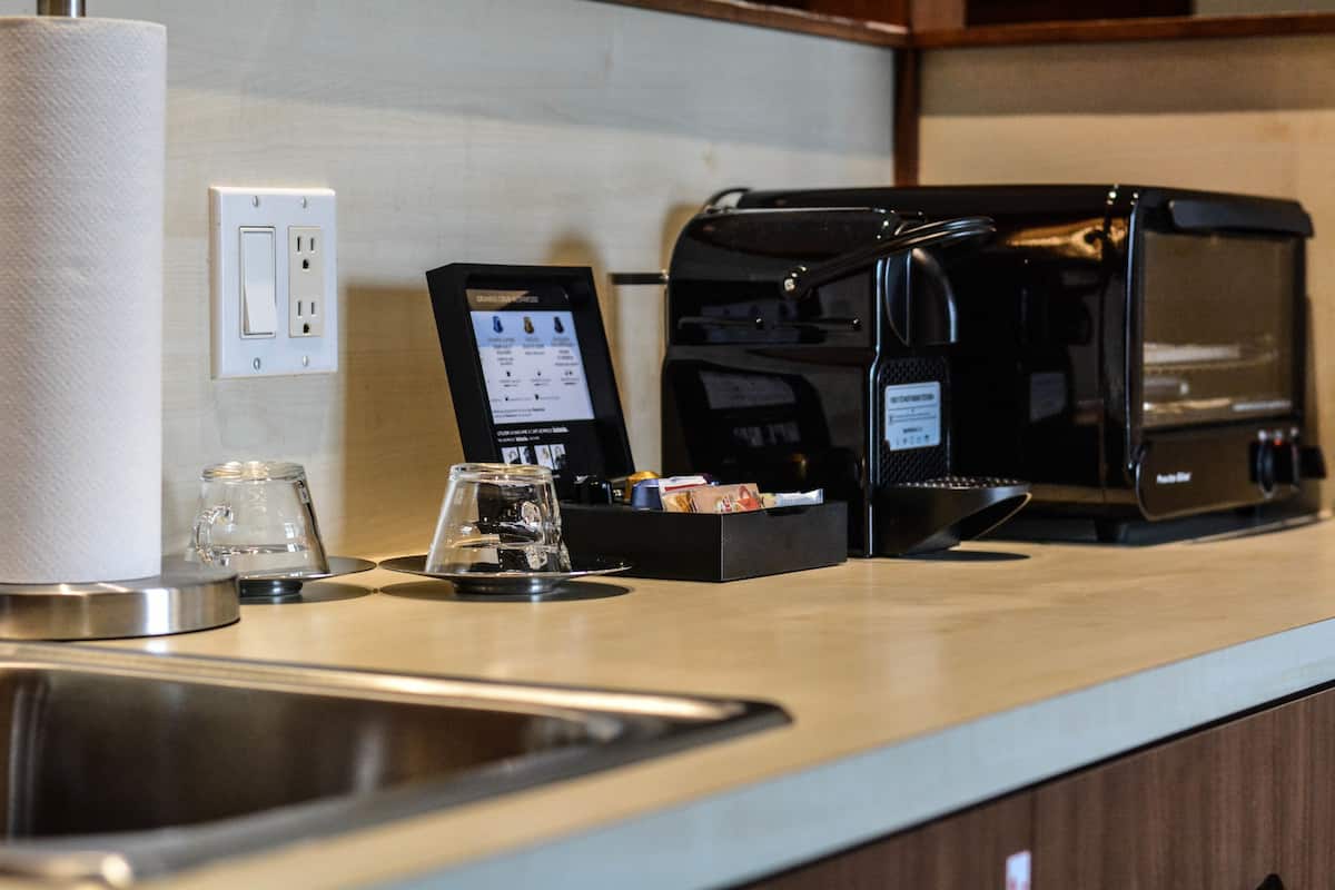 mini-fridge, microwave, espresso maker, electric kettle