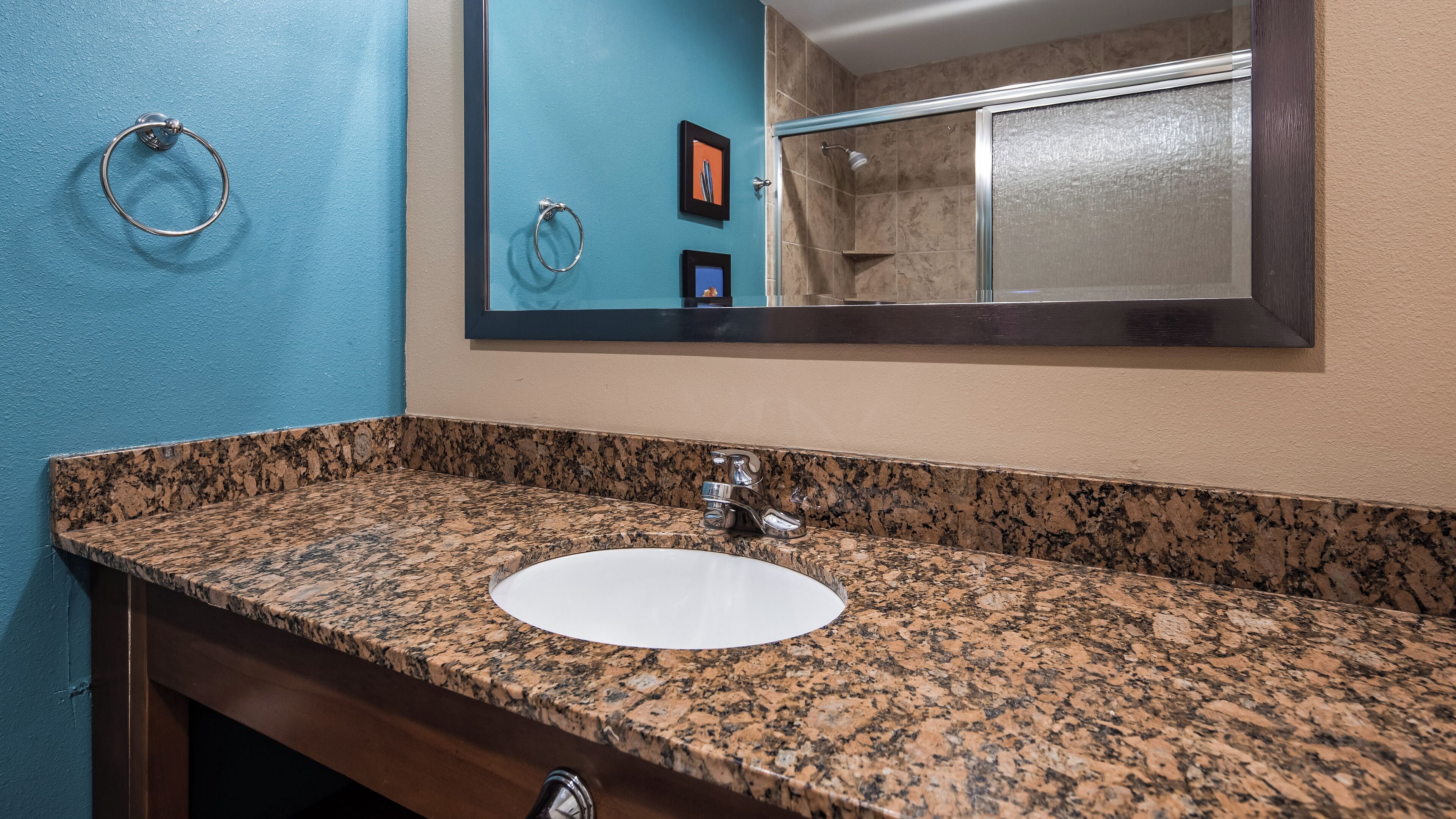 combined shower/bathtub, hair dryer, towels