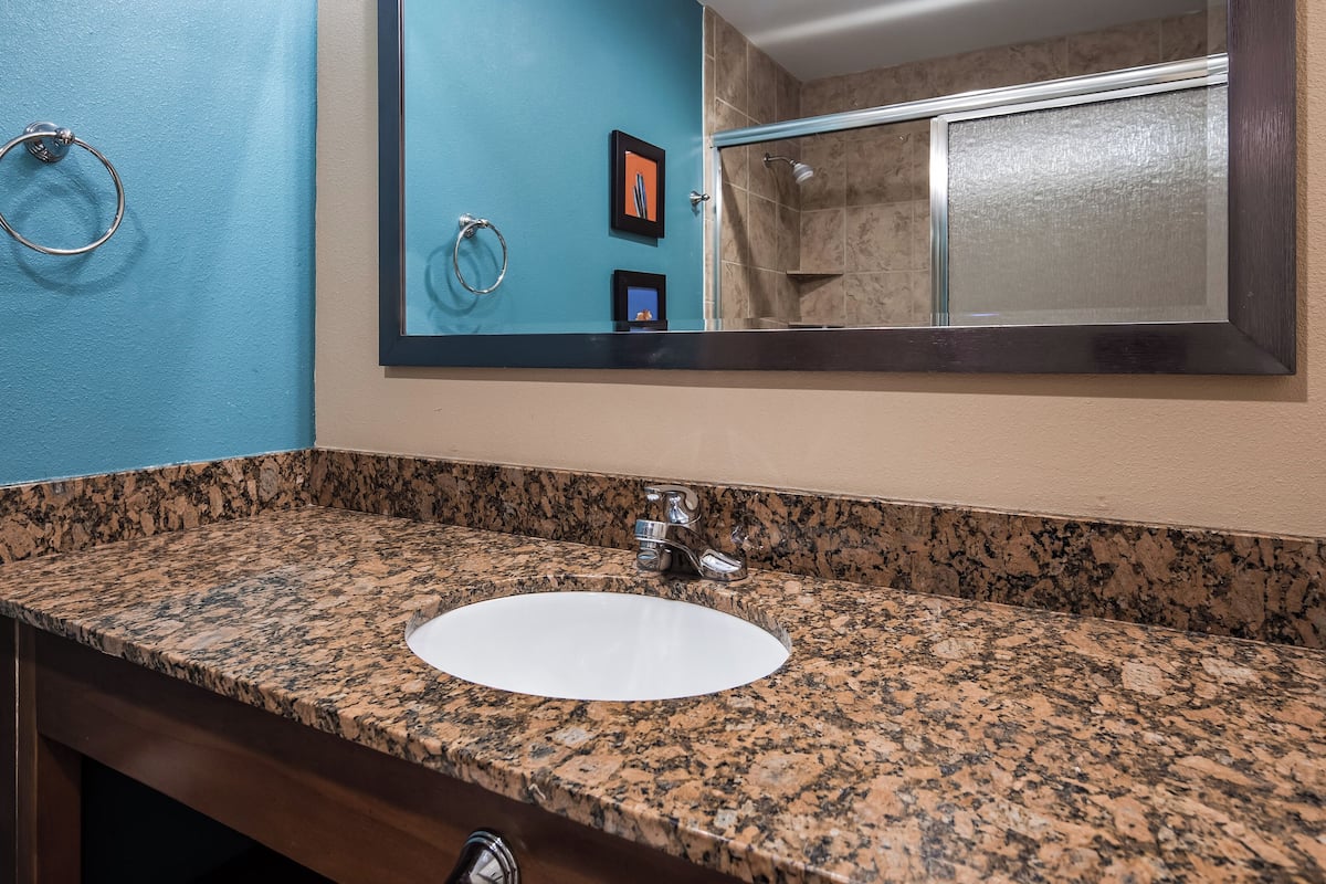 combined shower/bathtub, hair dryer, towels