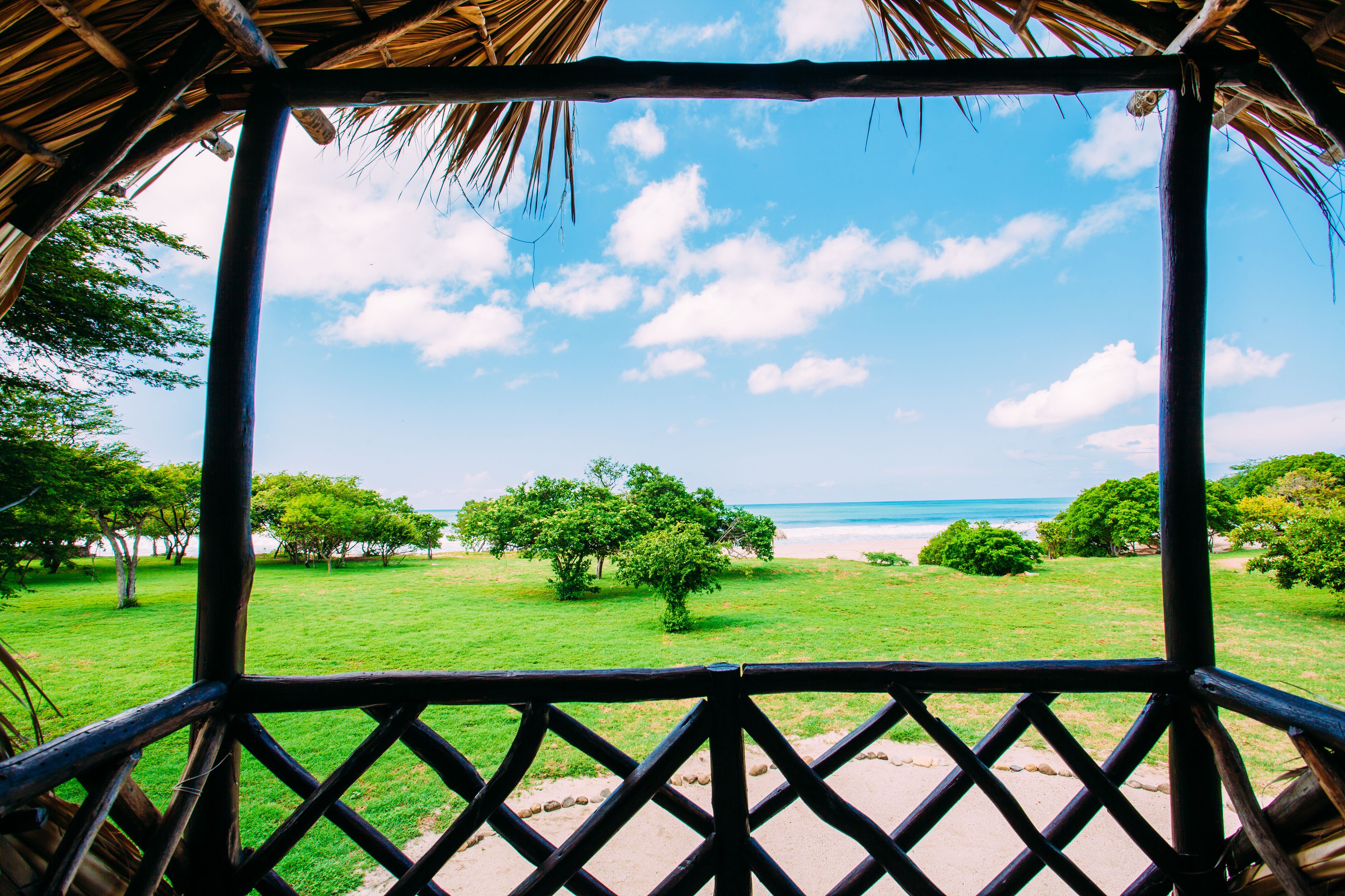 Vista da un gazebo in legno su una zona erbosa con alberi e spiaggia.