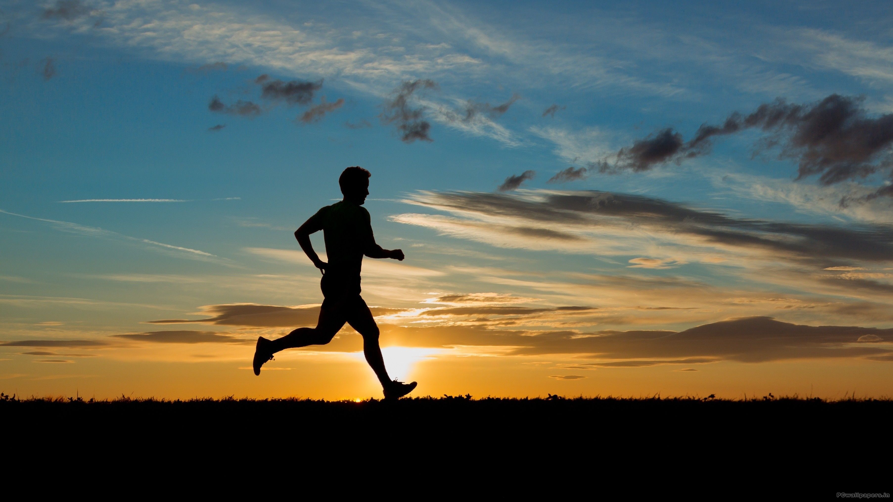A silhouette of a person running against a sunset sky.