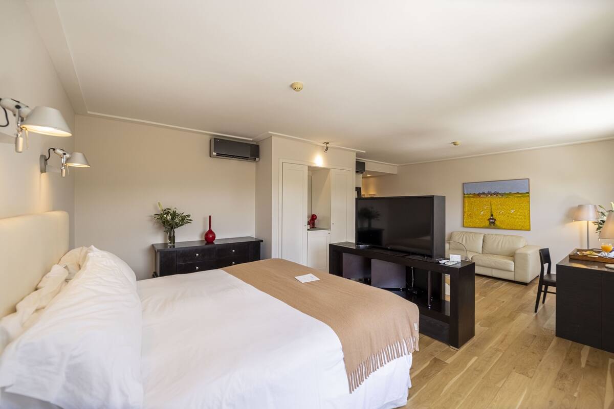 Una habitación de hotel con una cama grande, televisión, escritorio y sofá.