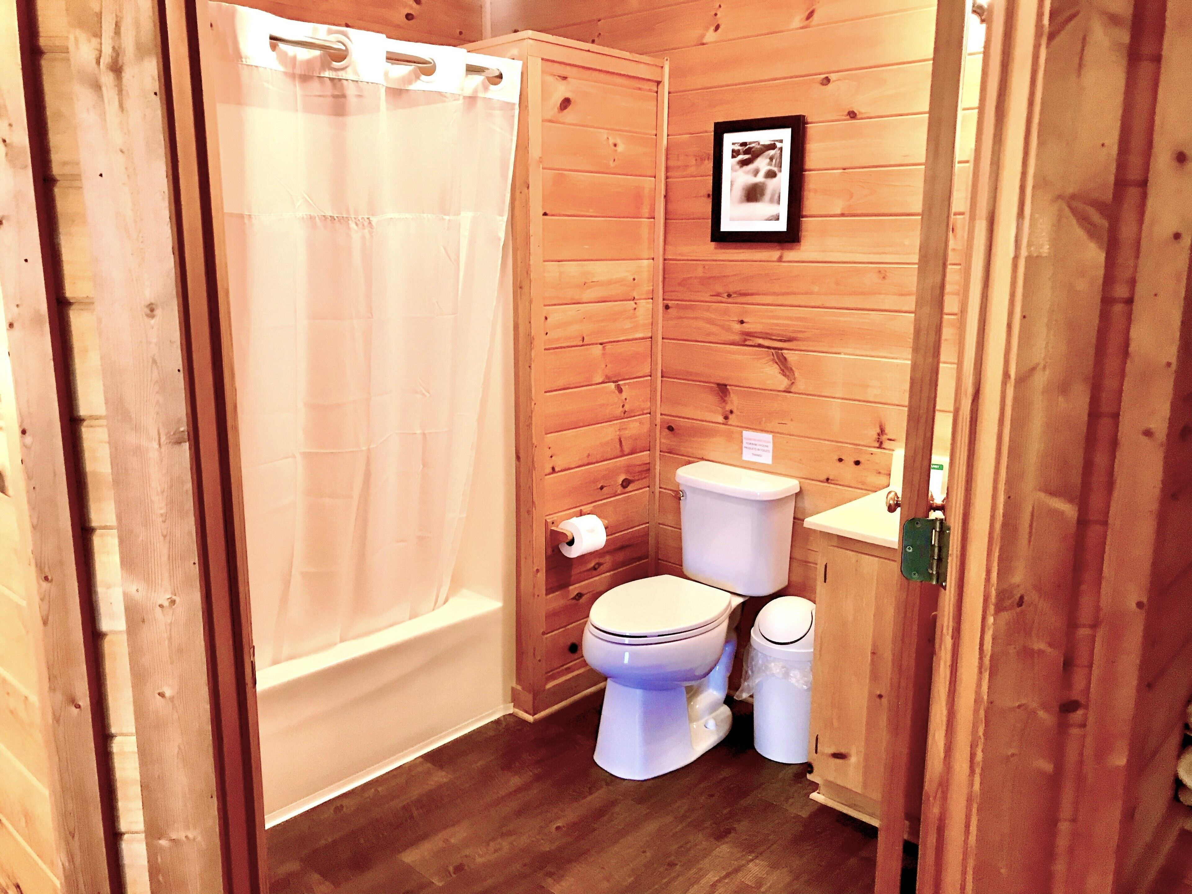 combined shower/bathtub, free toiletries, towels