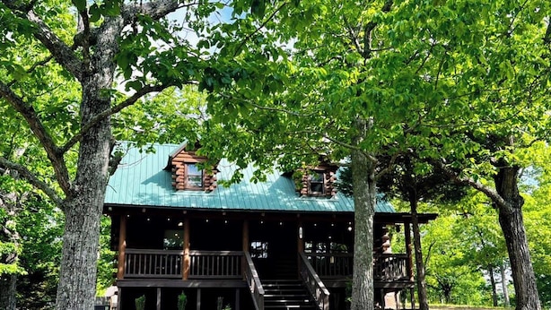A rustic cabin with a porch, wooden staircase, and a metal roof, surrounded by trees. - Mountain Top Inn and Resort (Warm Springs)
