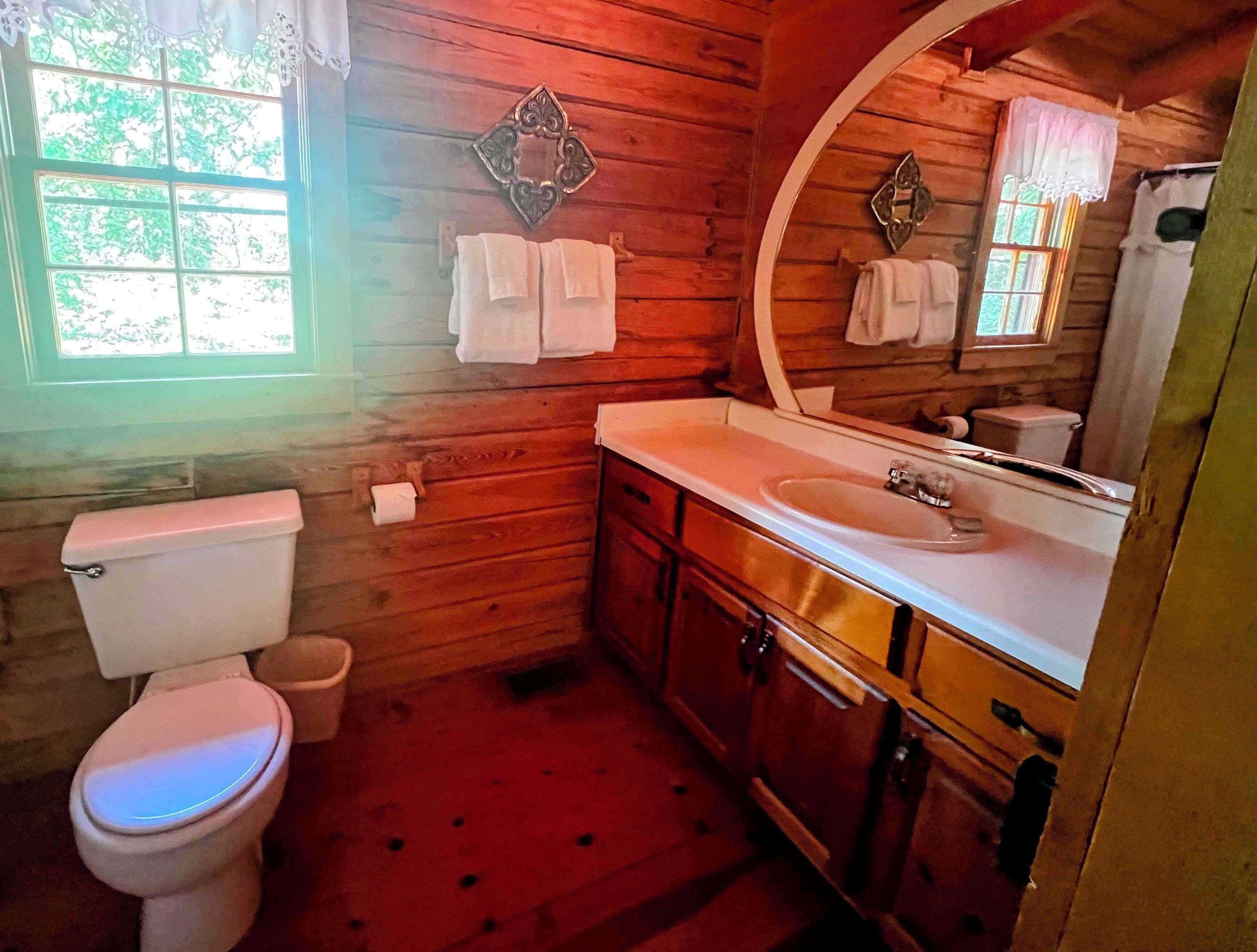 Ein Badezimmer einer Holzhütte mit Toilette, Waschbecken und Spiegel.