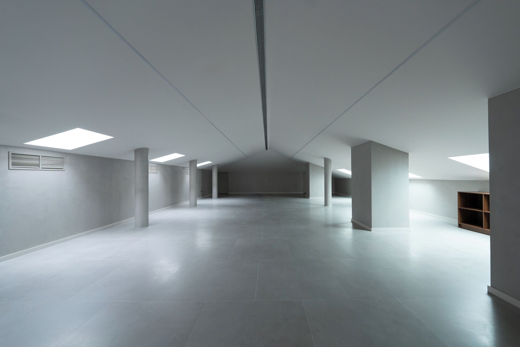 Ein geräumiger, moderner Flur mit hoher Decke, Oberlichtern und einem klaren, minimalistischen Design.
