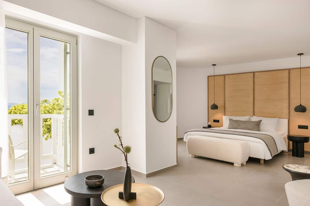 A modern bedroom with a large bed, a bedside table, a mirror, and a view of the outdoors.