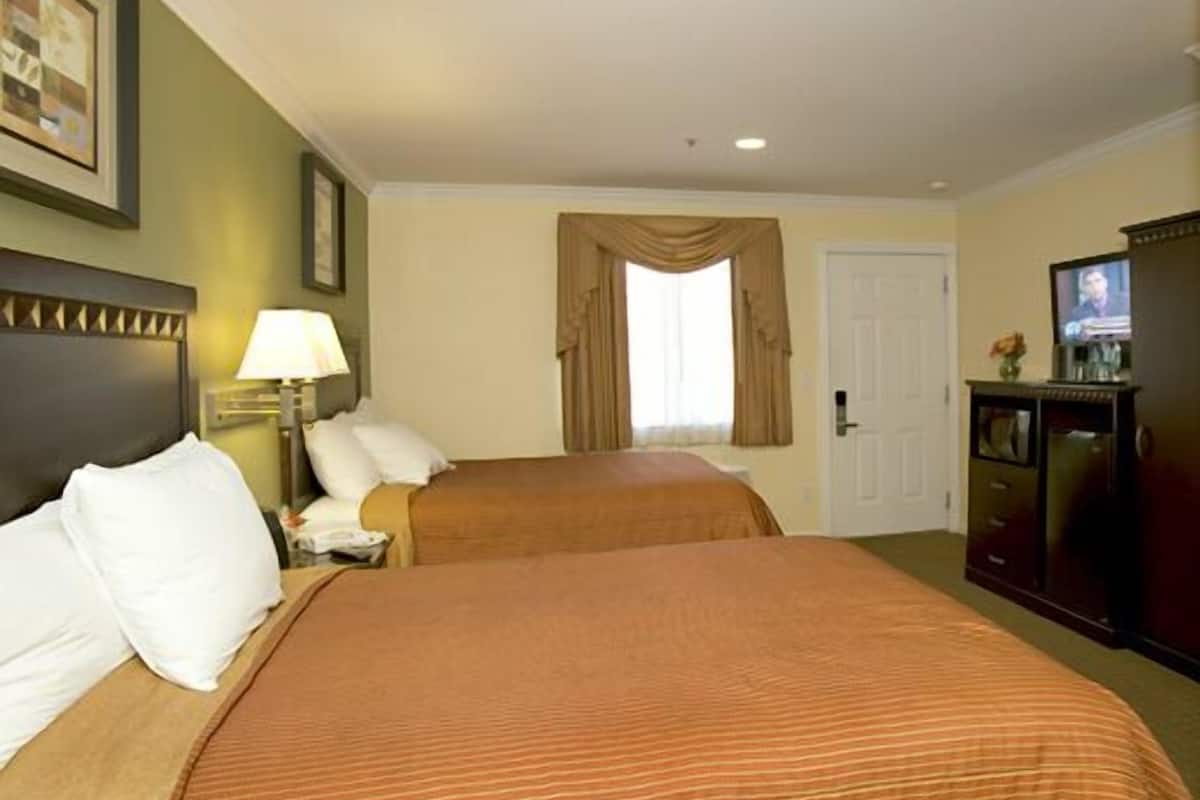 A hotel room with two beds, a desk with a lamp, a television, and a framed picture on the wall.