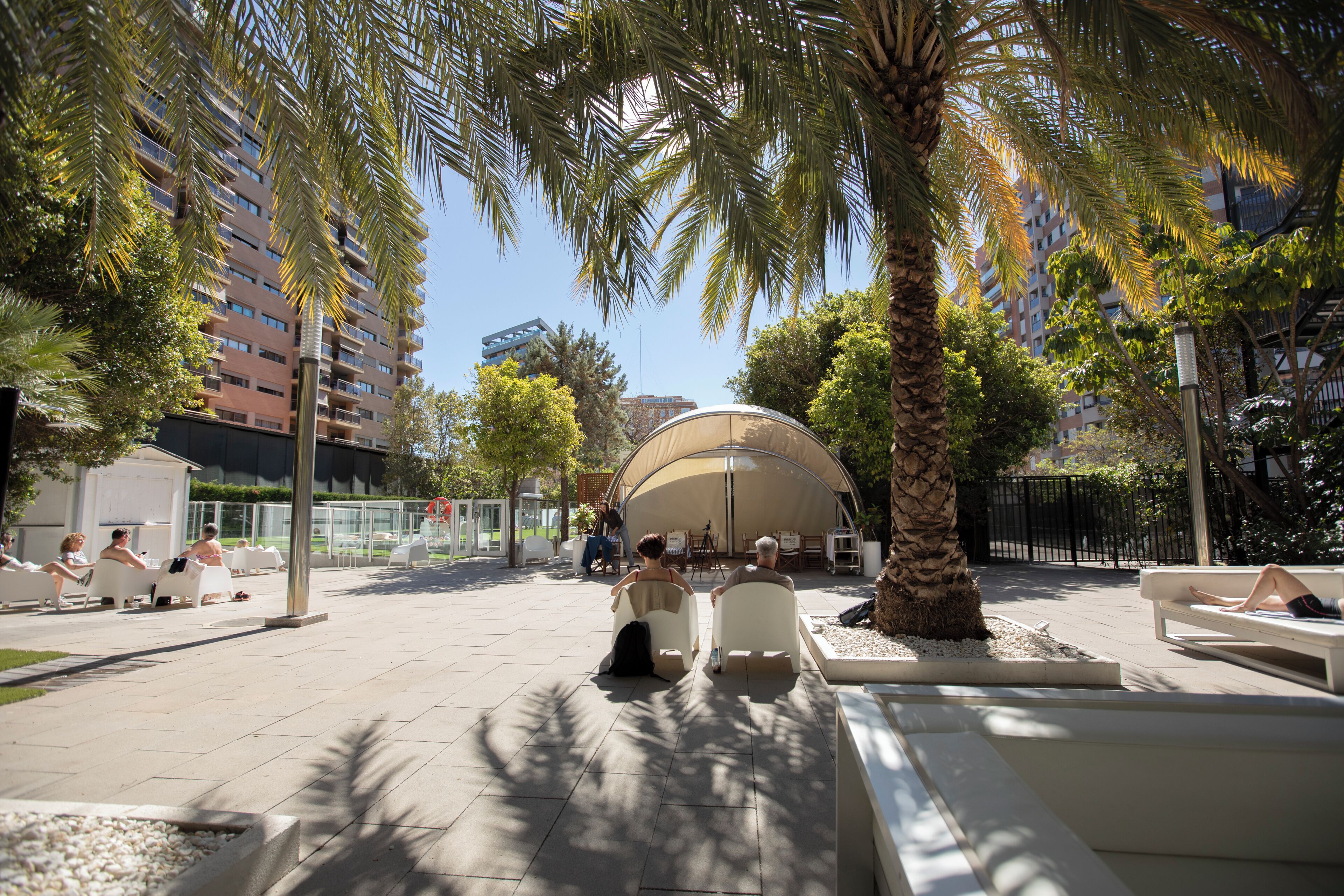 Un espacio al aire libre con palmeras, un pabellón cubierto y un edificio al fondo.