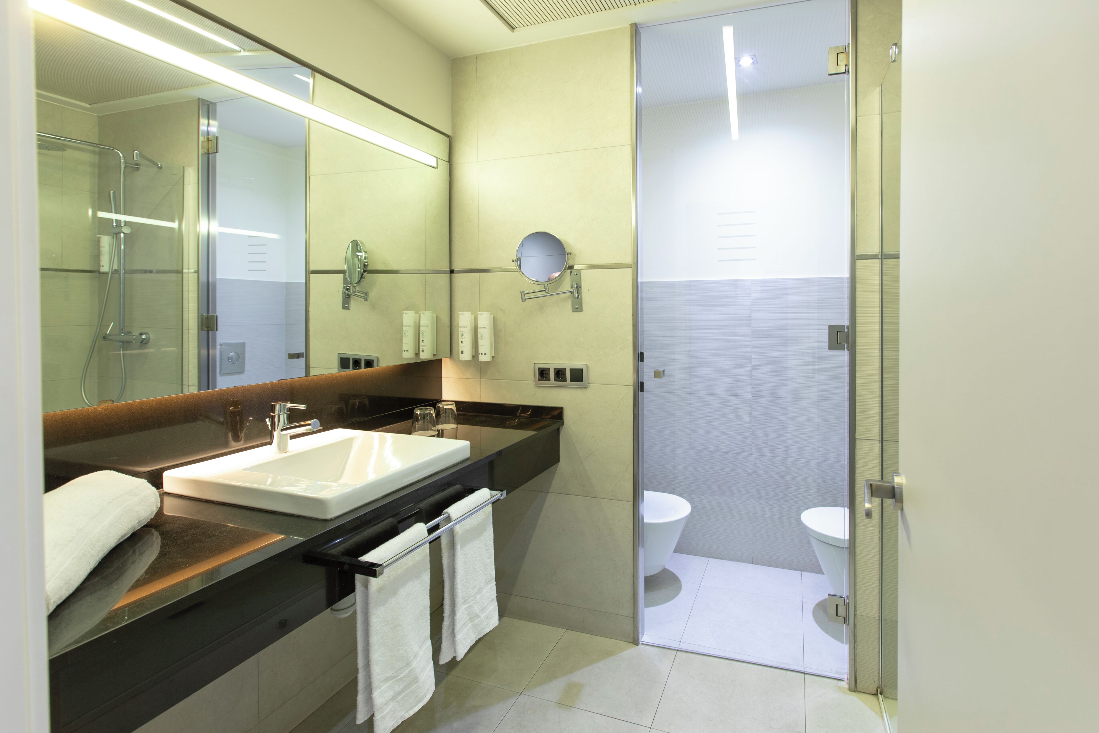 A modern bathroom with a sink, mirror, and glass shower enclosure.