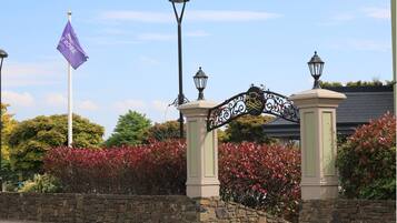 A stone wall with a wrought iron gate, a flag, and a street lamp.